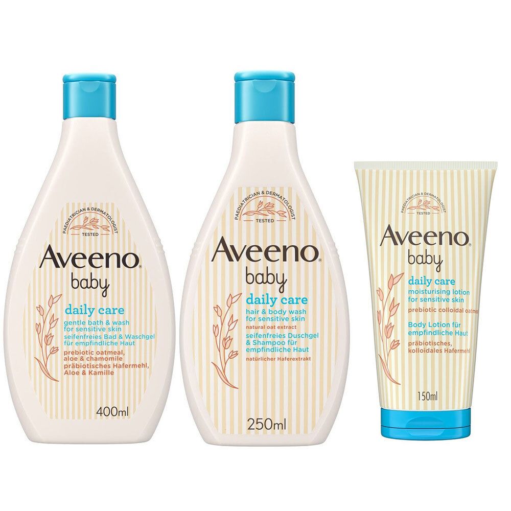 Aveeno® baby Daily Care Body Lotion - Sanfte Pflege für Babys bei trockener und gereizter Haut + Aveeno® baby Daily Care Seifenfreies Duschgel & Shampoo + Aveeno® baby Daily Care Seifenfreies Bad & Waschgel