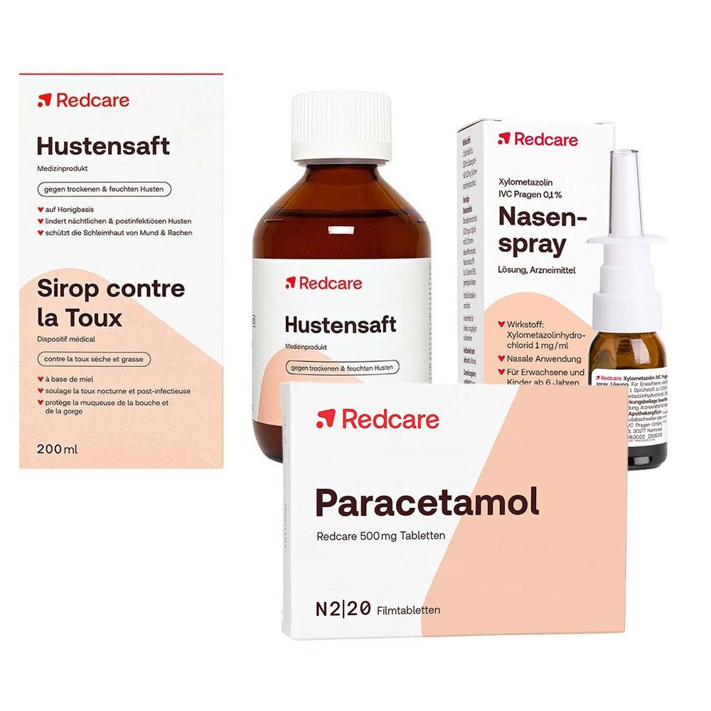 Paracetamol Redcare 500 mg gegen Schmerzen + Redcare Xylo 0,1 % Nasenspray + Redcare Hustensaft