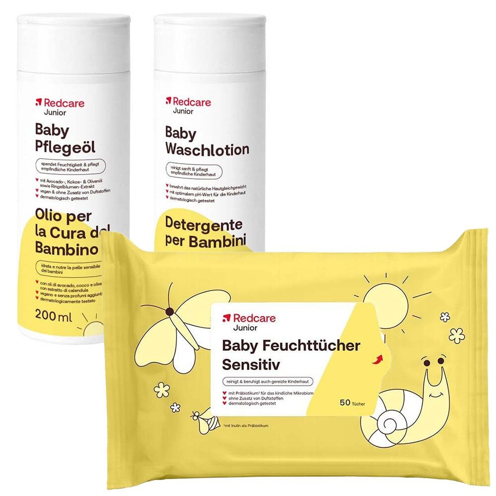 Redcare Baby  Junior Feuchttücher Sensitiv + Redcare Junior Baby Waschlotion + Redcare Junior Baby Pflegeöl