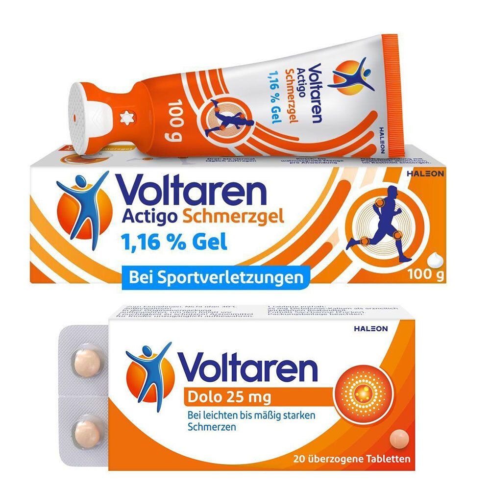 Voltaren Dolo Schmerztabletten, 25 mg Diclofenac + Voltaren Actigo Schmerzgel mit 1% Diclofenac