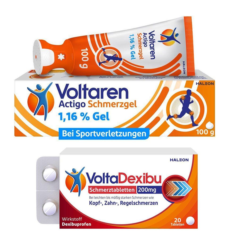 VoltaDexibu Schmerztabletten, Dexibuprofen 200 mg + Voltaren Actigo Schmerzgel mit 1% Diclofenac