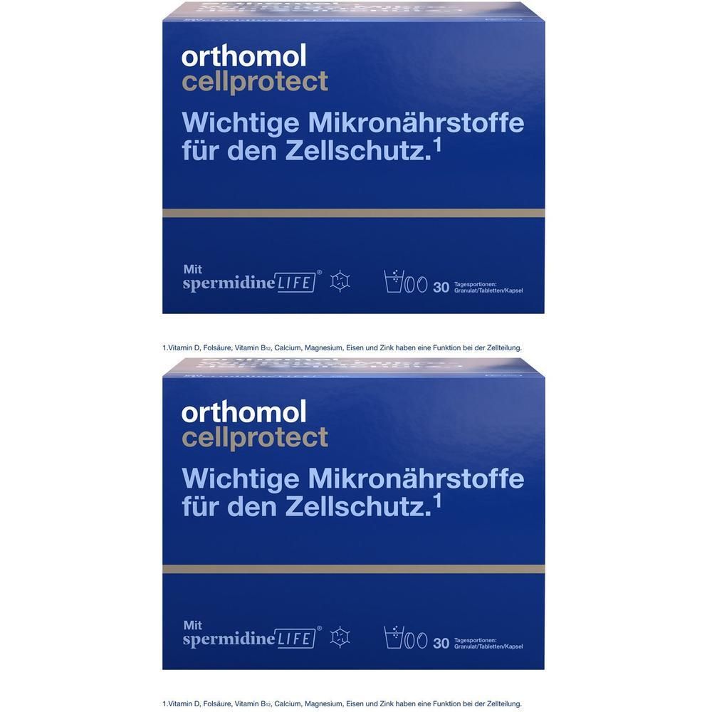Orthomol Cellprotect ist ein Nahrungsergänzungsmittel. Es enthält wichtige Mikronährstoffe für den Zellschutz. Mit Spermidin.