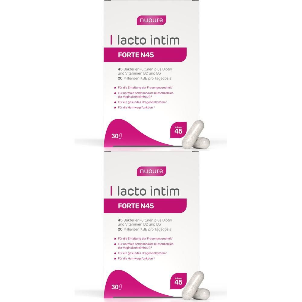 Nupure® Lacto Intim FORTE N45 – 3-in-1 Nahrungsergänzung für weibliche Intimgesundheit mit 45 Milchsäurebakterienstämmen, Vitaminen B2, B3, Biotin, Chicorée- & Haferextrakt, 20 Milliarden KBE, vegane Kapseln
