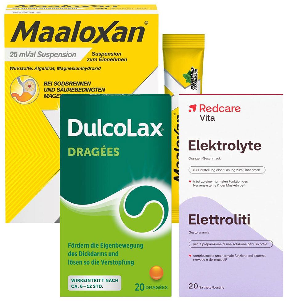 DulcoLax Dragées + Maaloxan Suspension + Redcare Elektrolyte