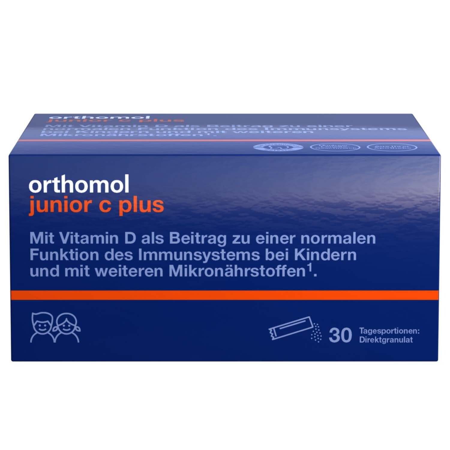 Orthomol junior C plus - mit Vitamin C als Beitrag zu einer normalen Funktion des Immunsystems - Himbeer/Limetten-Geschmack - Direktgranulat