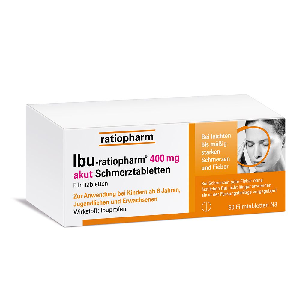 Ibu-ratiopharm® 400 mg akut Schmerztabletten mit dem Wirkstoff Ibuprofen zur effektiven Behandlung von akuten Schmerzen