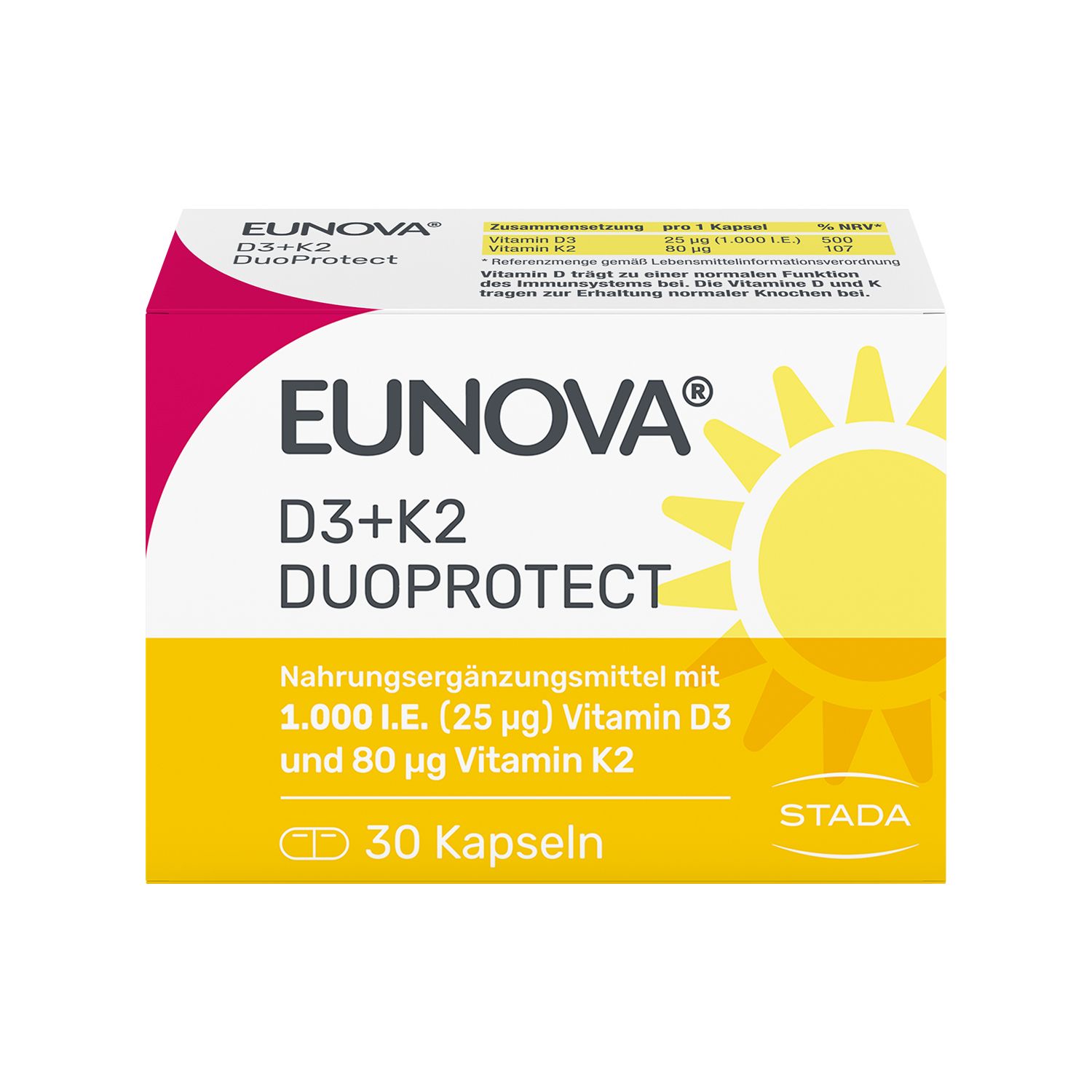 EUNOVA® D3 + K2 DuoProtect – 1.000 I.E.  Nahrungsergänzungsmittel zur normalen Funktion des Immunsystems & Erhaltung normaler Knochen