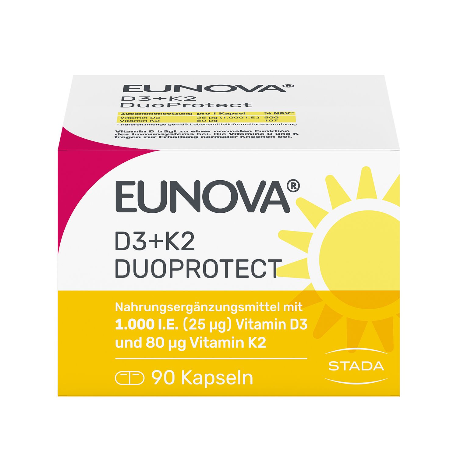 EUNOVA® D3 + K2 DuoProtect – 1.000 I.E. Nahrungsergänzungsmittel zur normalen Funktion des Immunsystems & Erhaltung normaler Knochen