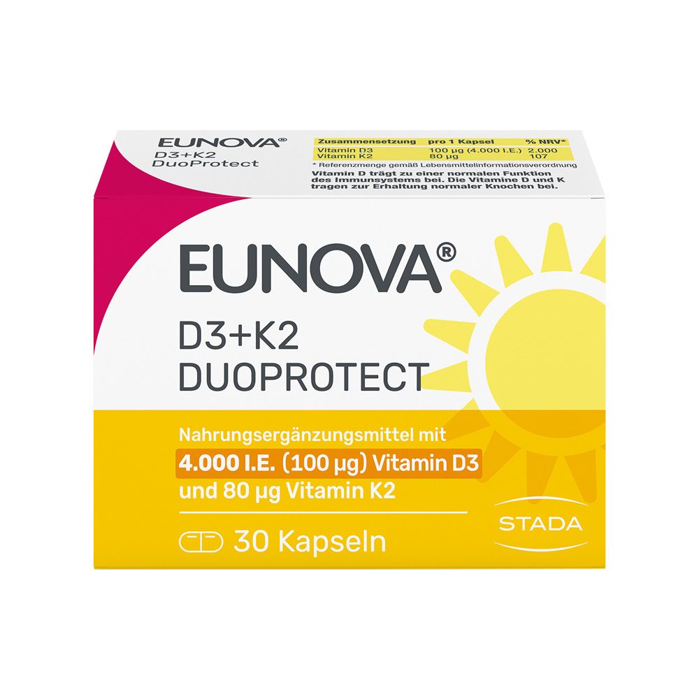 EUNOVA® D3 + K2 DuoProtect – 4.000 I.E. Nahrungsergänzungsmittel mit zur normalen Funktion des Immunsystems & Erhaltung normaler Knochen