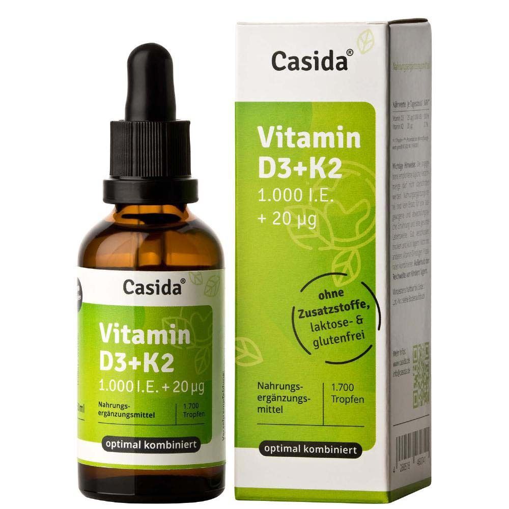 Casida Vitamin D3 K2 Tropfen hochdosiert & vegan - 100% pflanzlich (ohne tierisches Lanolin) – 1000 I.E. Vitamin D + Vitamin K 20 µg
