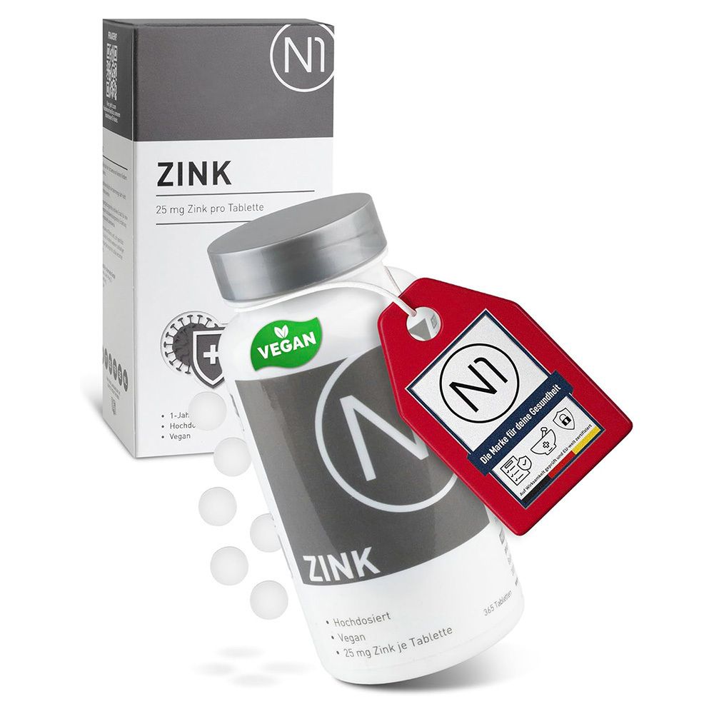 N1 Zink Tabletten 25 mg – vegan, für Immunsystem, Haut, Haare & Nägel, unterstützt den Stoffwechsel, Zinkmangel, Zinktabletten
