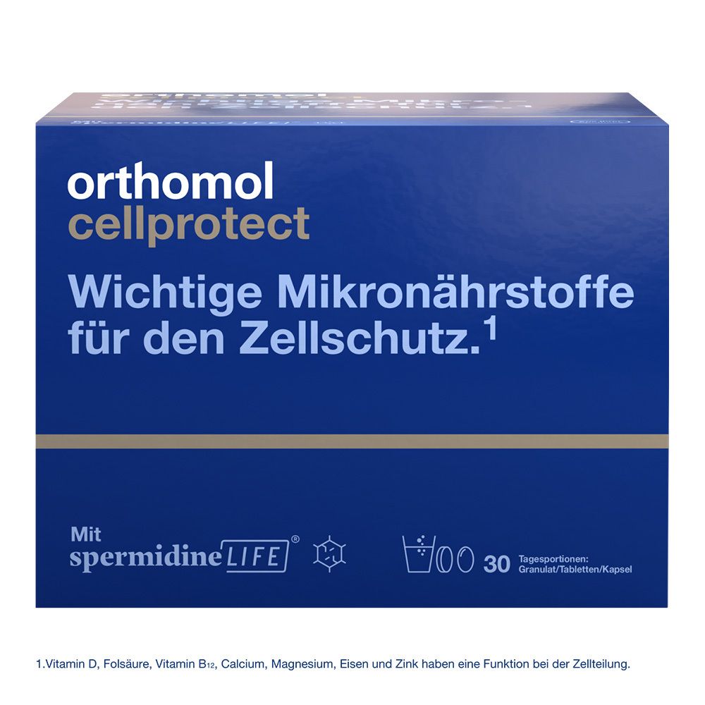 Orthomol Cellprotect ist ein Nahrungsergänzungsmittel. Es enthält wichtige Mikronährstoffe für den Zellschutz. Mit Spermidin.