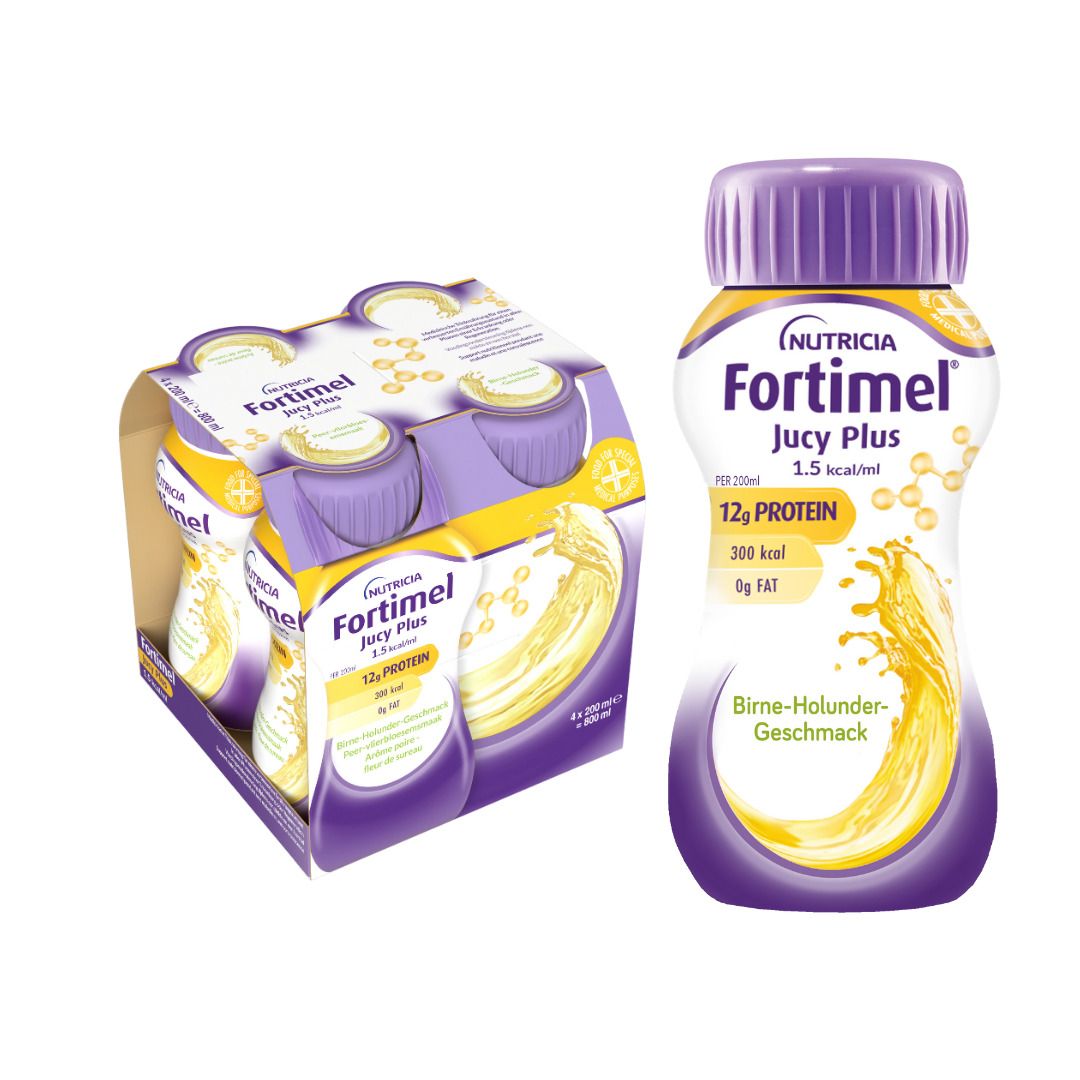 Fortimel® Jucy Plus Birne-Holunder – Hochkalorische Trinknahrung mit vielen wichtigen Nährstoffen – 300 kcal und 12 g Eiweiß pro Flasche