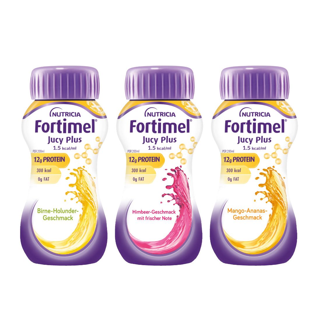 Fortimel® Jucy Plus Mango-Ananas – Hochkalorische Trinknahrung mit vielen wichtigen Nährstoffen – 300 kcal und 12 g Eiweiß pro Flasche