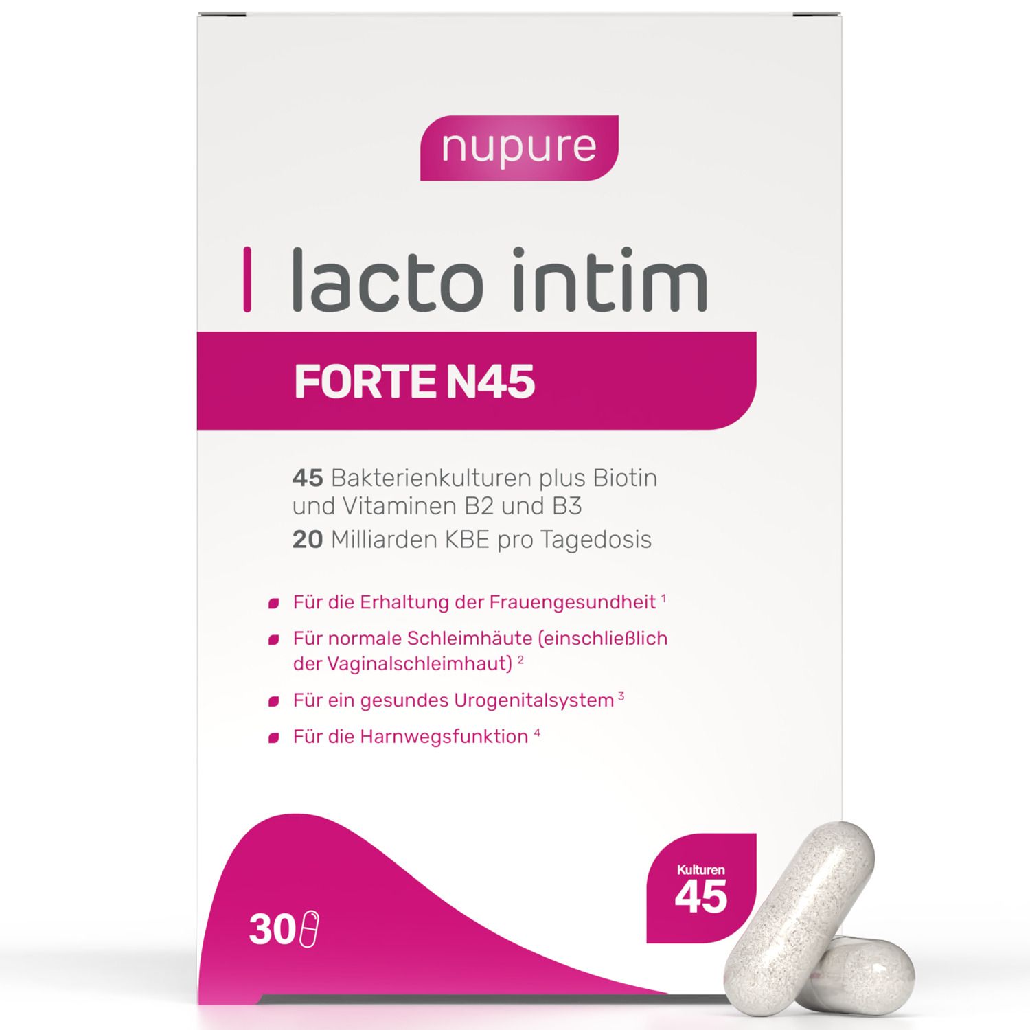 Nupure® Lacto Intim FORTE N45 – 3-in-1 Nahrungsergänzung für weibliche Intimgesundheit mit 45 Milchsäurebakterienstämmen, Vitaminen B2, B3, Biotin, Chicorée- & Haferextrakt, 20 Milliarden KBE, vegane Kapseln