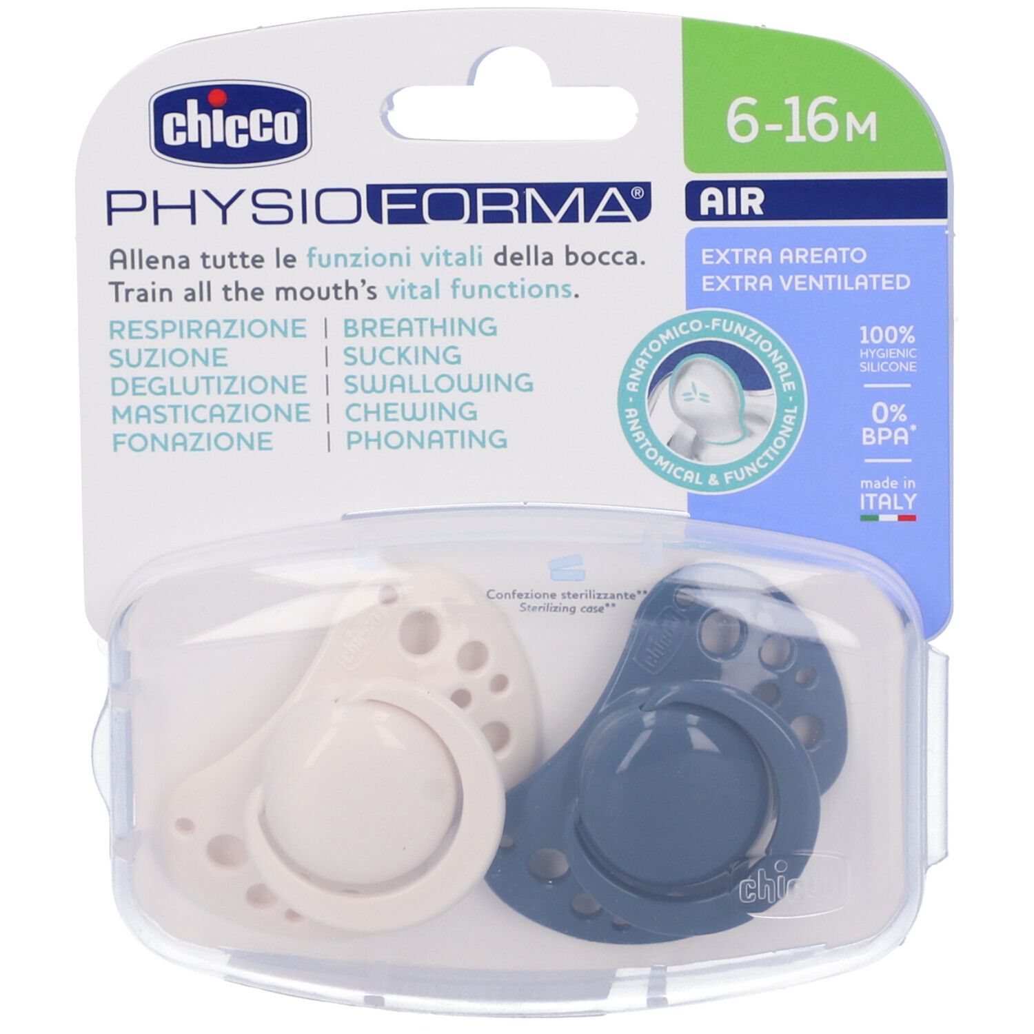 Chicco Schnuller Air Blau Silikon 6-16 Monate 2 Stück Chicco
