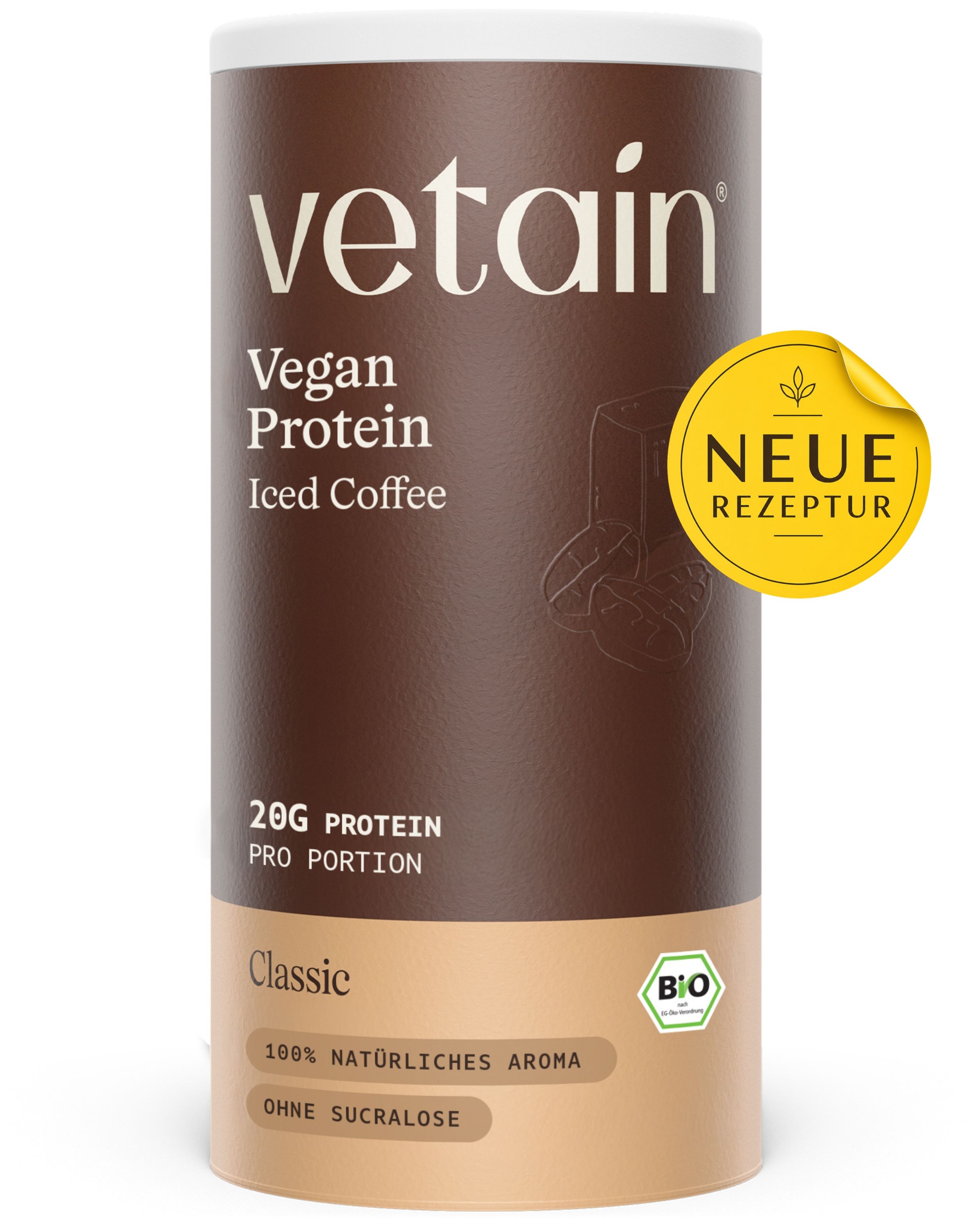 VETAIN Proteinpulver Vegan - Iced-Coffee - 20g Eiweiß & 75mg Koffein - Ohne Zuckerzusatz - 100% Bio