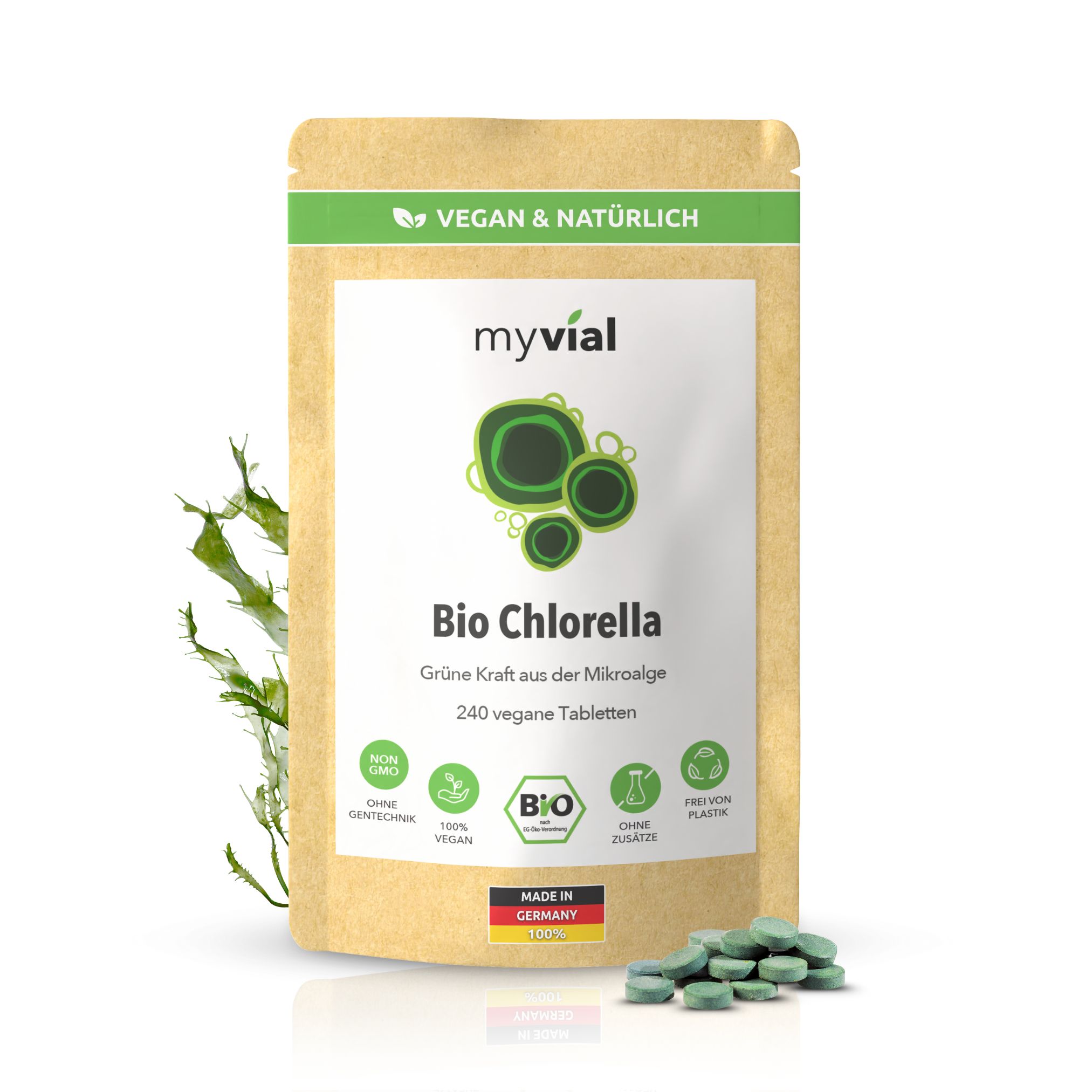 myvial® Bio Chlorella Tabletten Presslinge - 240 St mit Eisen & B12 - vegan