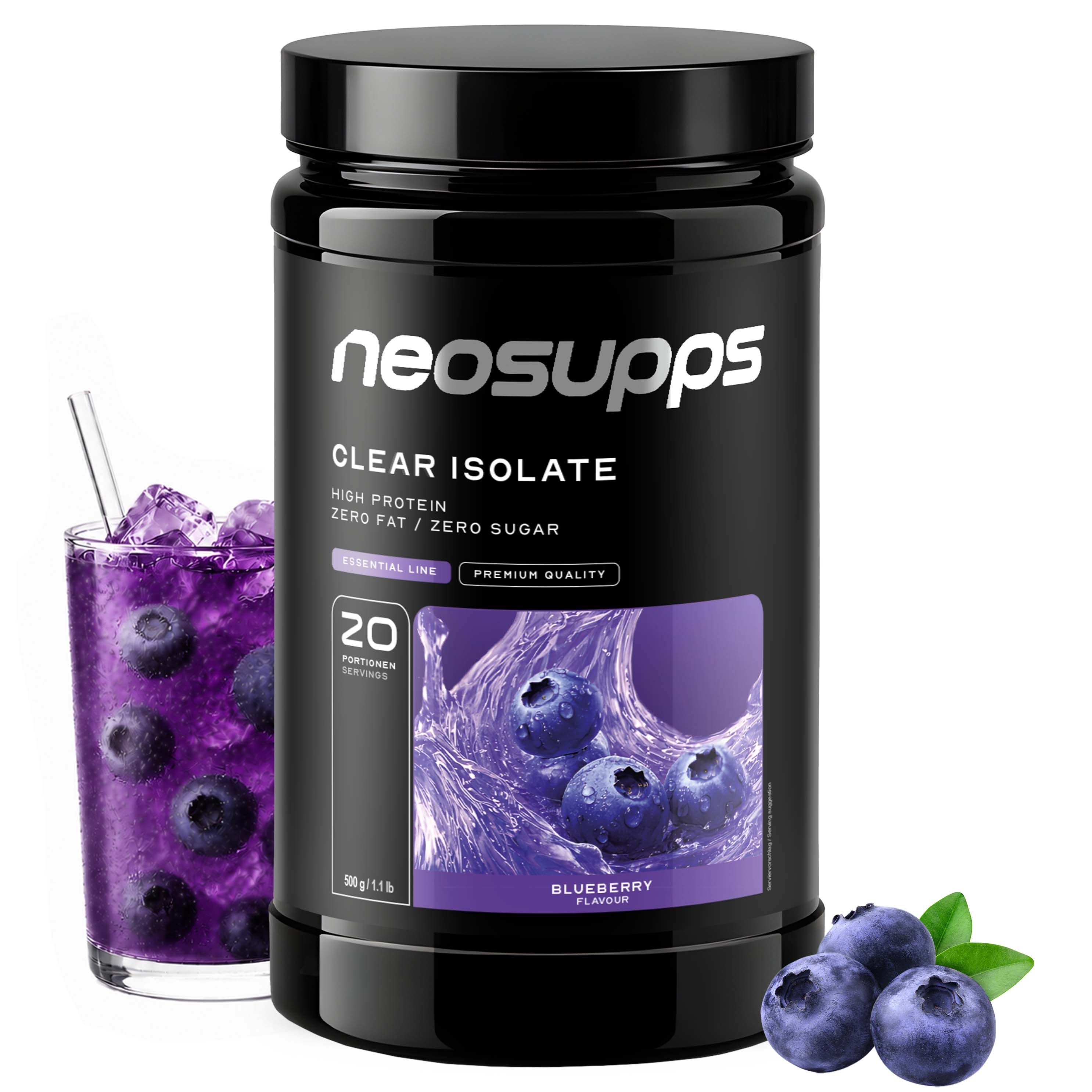 Neosupps Clear Whey Isolat Protein Pulver, 500g, Blueberry Geschmack, Eiweißshake
