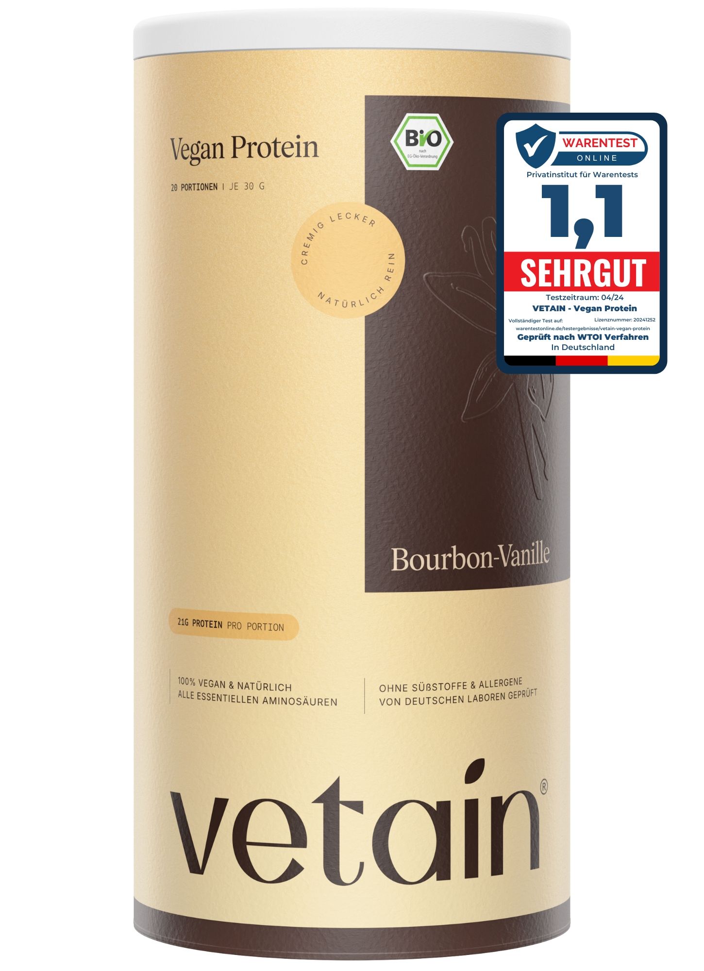 VETAIN Veganes Proteinpulver - Vanille - 21g Eiweiß pro Portion - Ohne künstliche Süßungsmittel