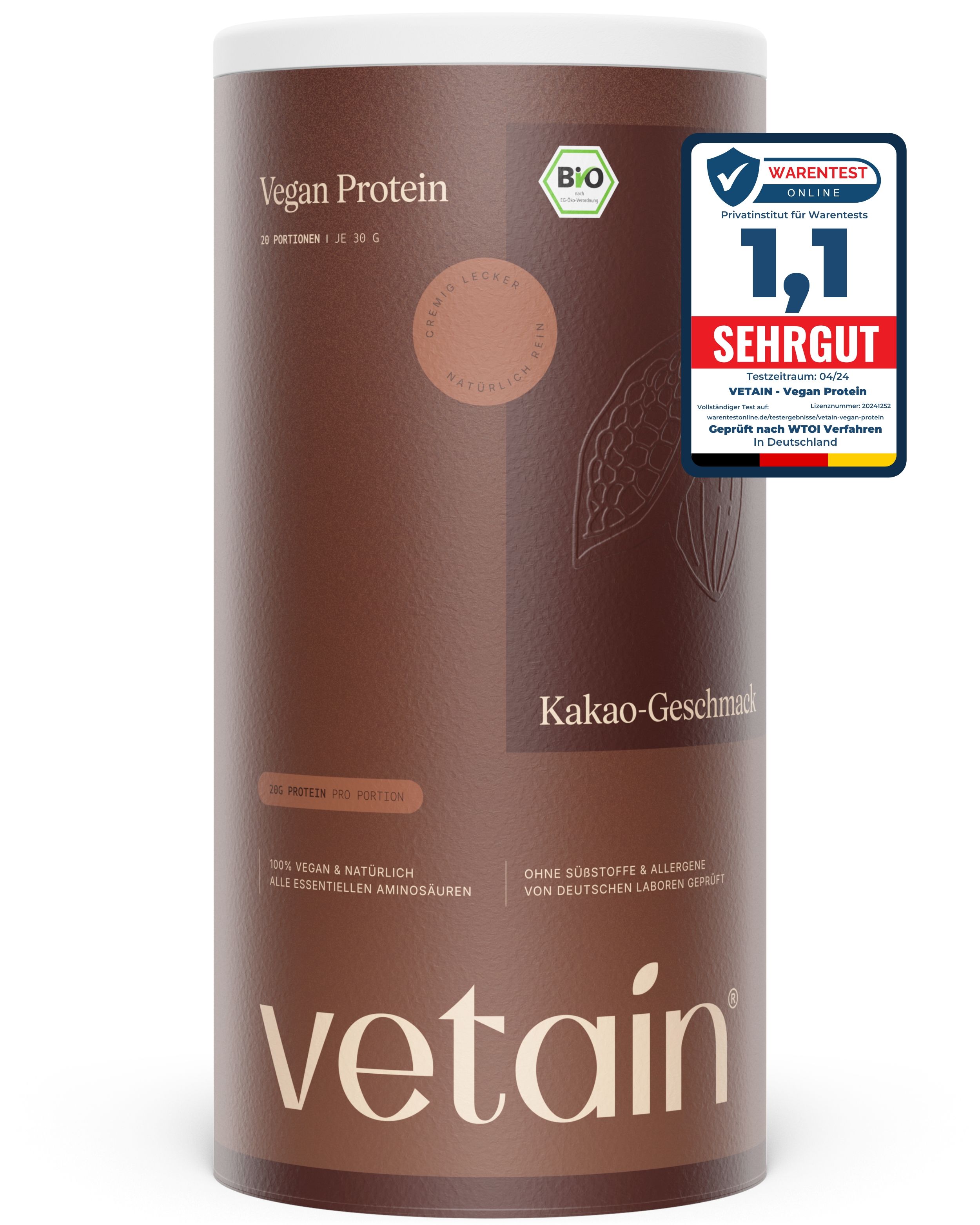 VETAIN Proteinpulver Vegan - Kakao - 20g Eiweiß pro Portion - Ohne Zuckerzusatz - 100% Bio