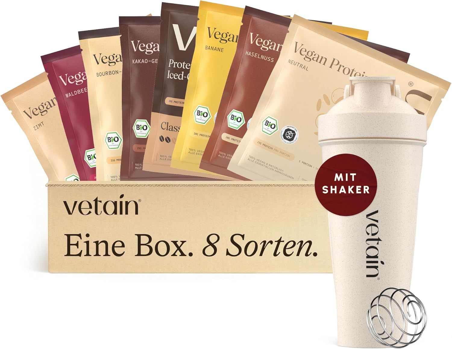 VETAIN Proteinpulver Vegan - Probierbox mit Shaker - 21g Protein - Ohne Zuckerzusatz