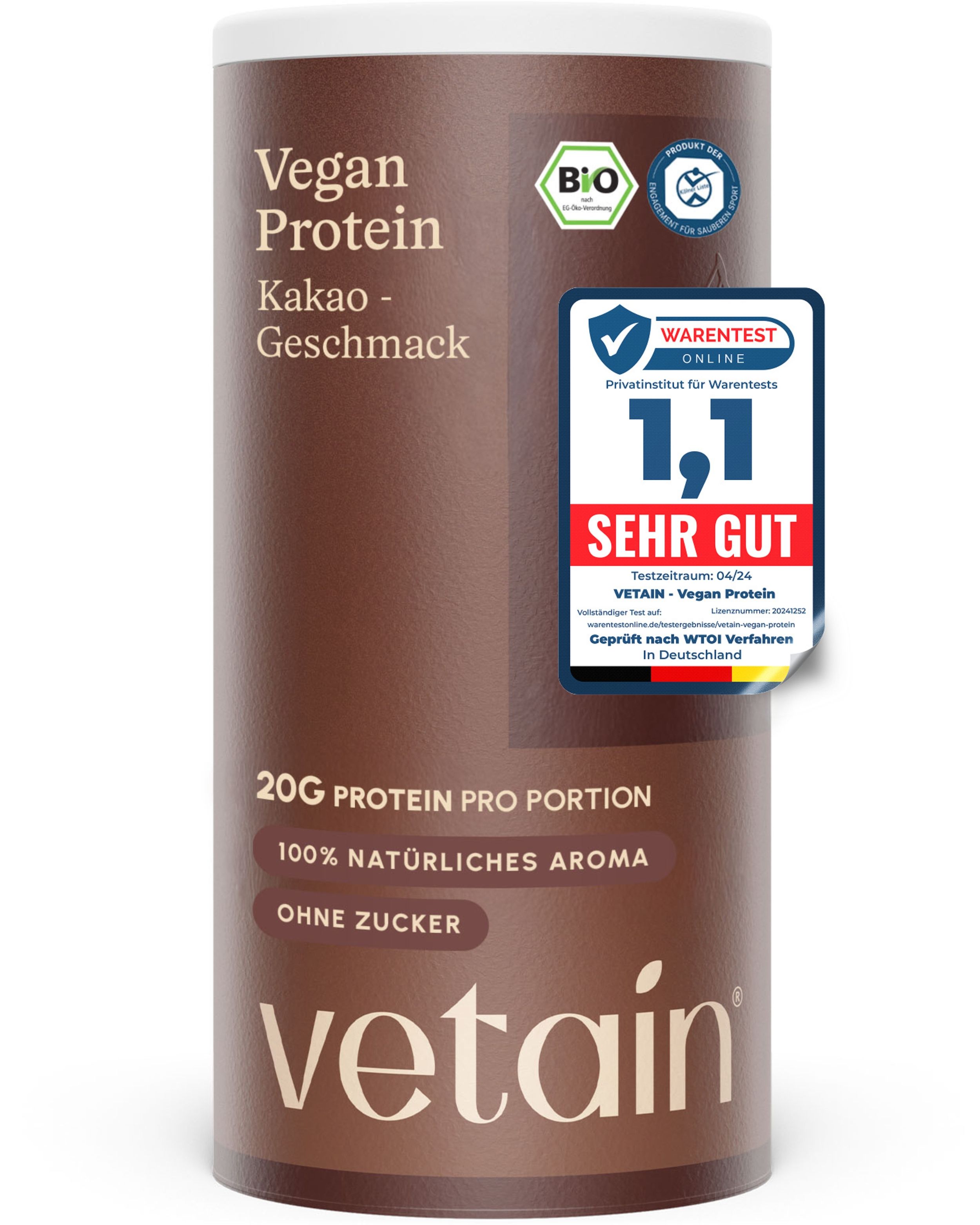 VETAIN Proteinpulver Vegan - Kakao - 20g Eiweiß pro Portion - Ohne Zuckerzusatz - 100% Bio