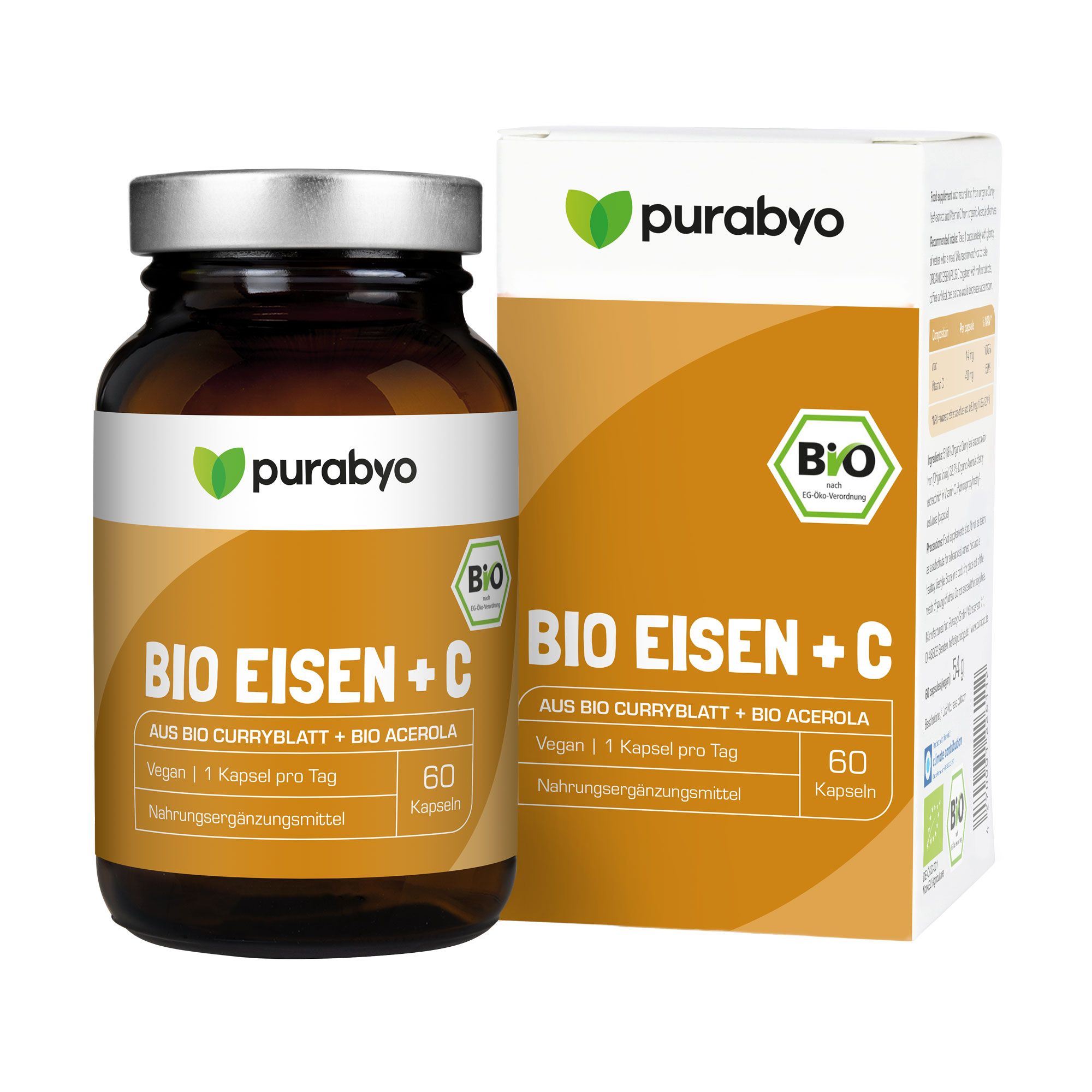 PURABYO BIO Eisen plus C | Pflanzliches Eisen mit Vitamin C | Bio Curryblatt + Bio Acerola | im Glas
