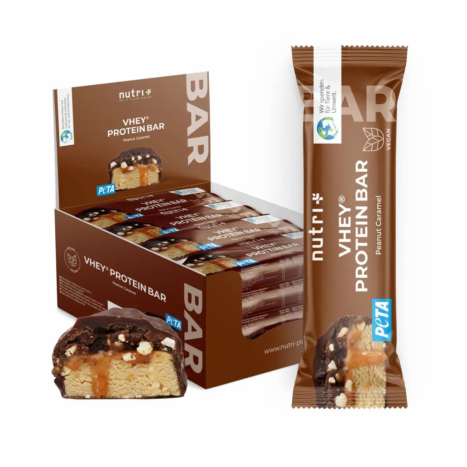 nutri+ Vhey Bar Peanut Caramel - Veganer Proteinriegel Vorteils Box
