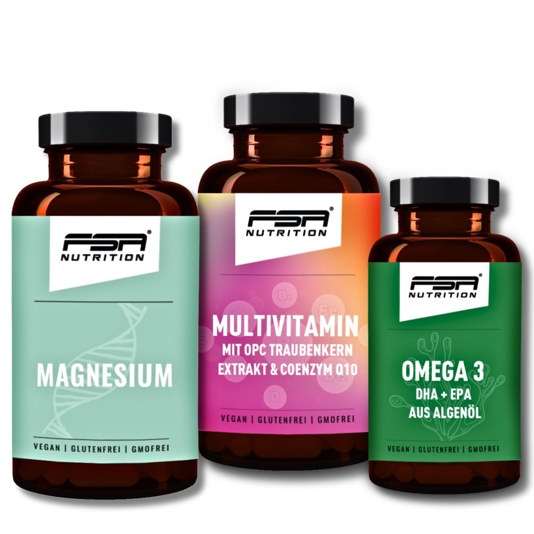 FSA NUTRITION Set aus Multivitamin 60 Kapseln, Magnesium 120 Kapseln & Omega aus Algenöl 60 Kapseln
