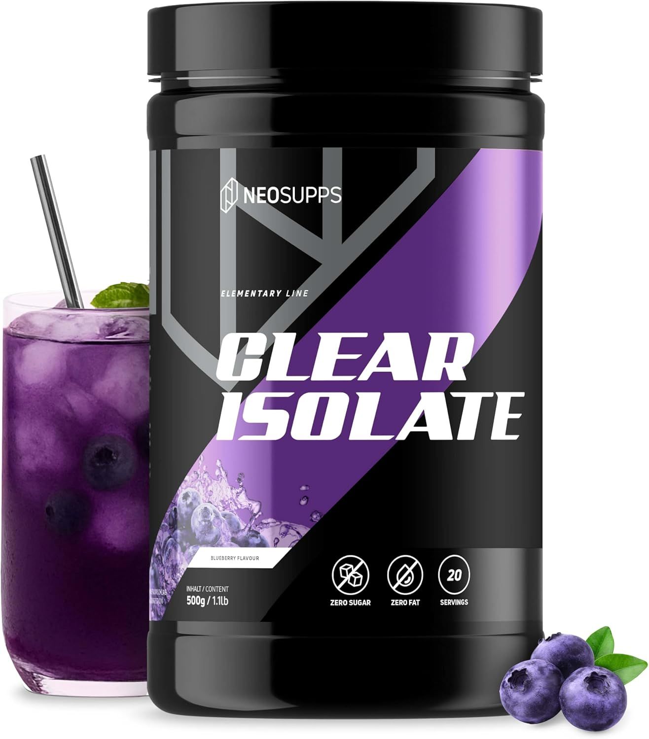Neosupps Clear Whey Isolat Protein Pulver, 500g, Blueberry Geschmack, Eiweißshake