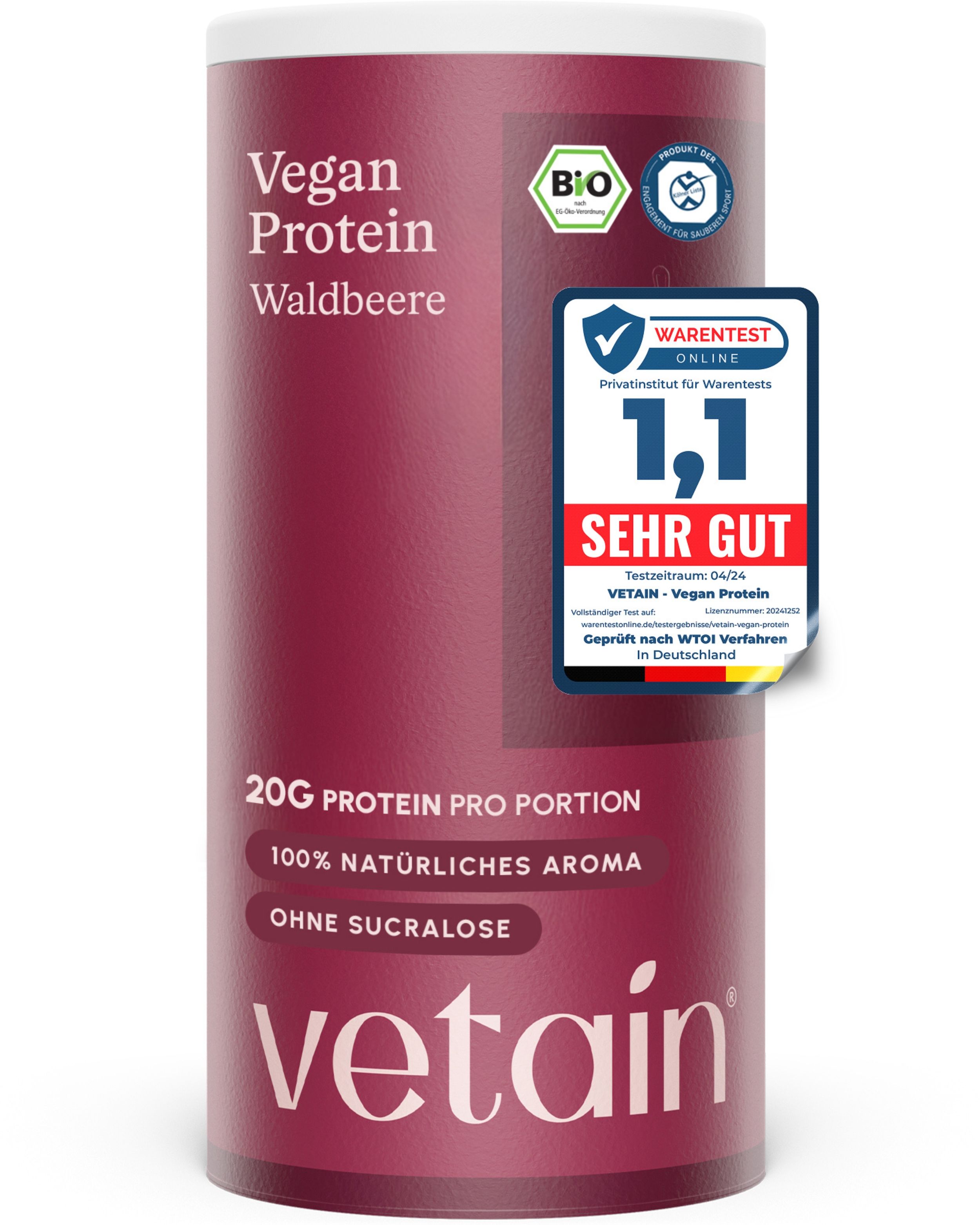 VETAIN Proteinpulver Vegan - Waldbeere - 20g Protein pro Portion - Ohne Zuckerzusatz - 100% Bio