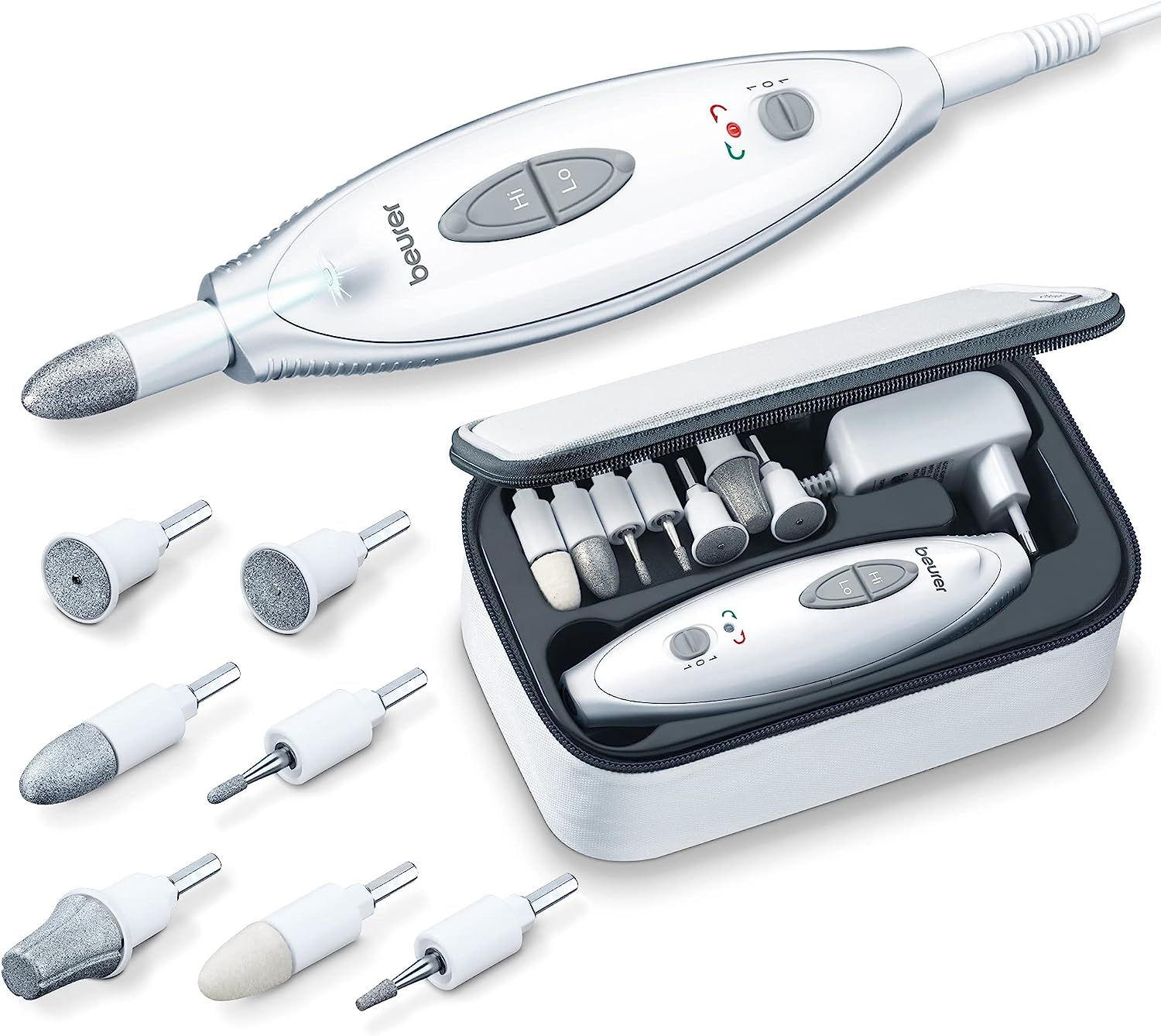 Beurer Maniküre-/ Pediküre-Set, elektrische Nagelfeile mit 7 Aufsätzen