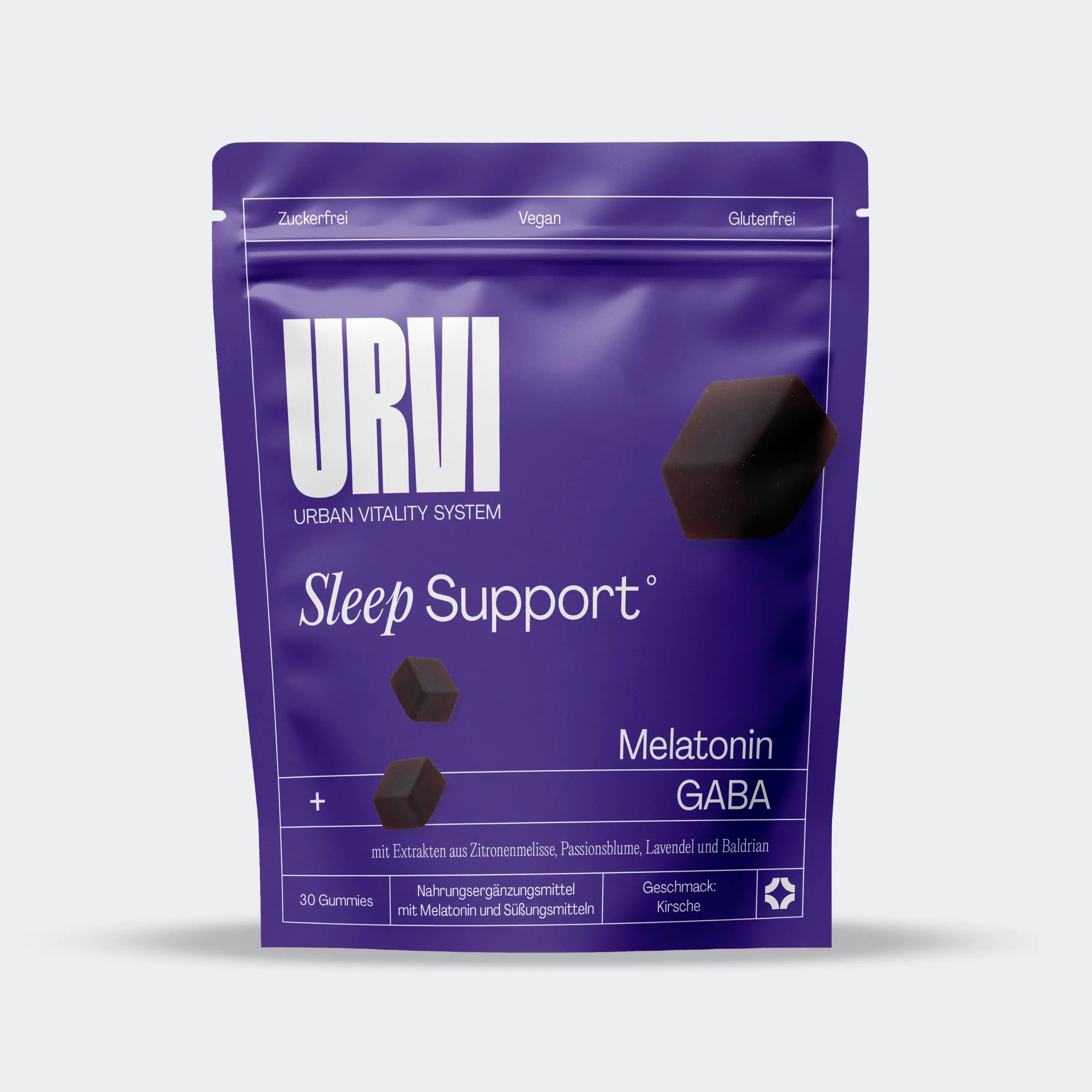 URVI® Sleep Gummies mit Melatonin, GABA & Kräutern – Kirsche, zuckerfrei, vegan, 30 Stk.