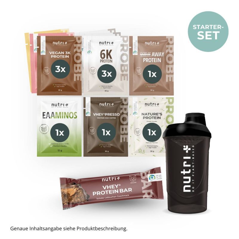 nutri+ Starter-Set (Proteinpulver + EAA + Riegel + Shaker)
