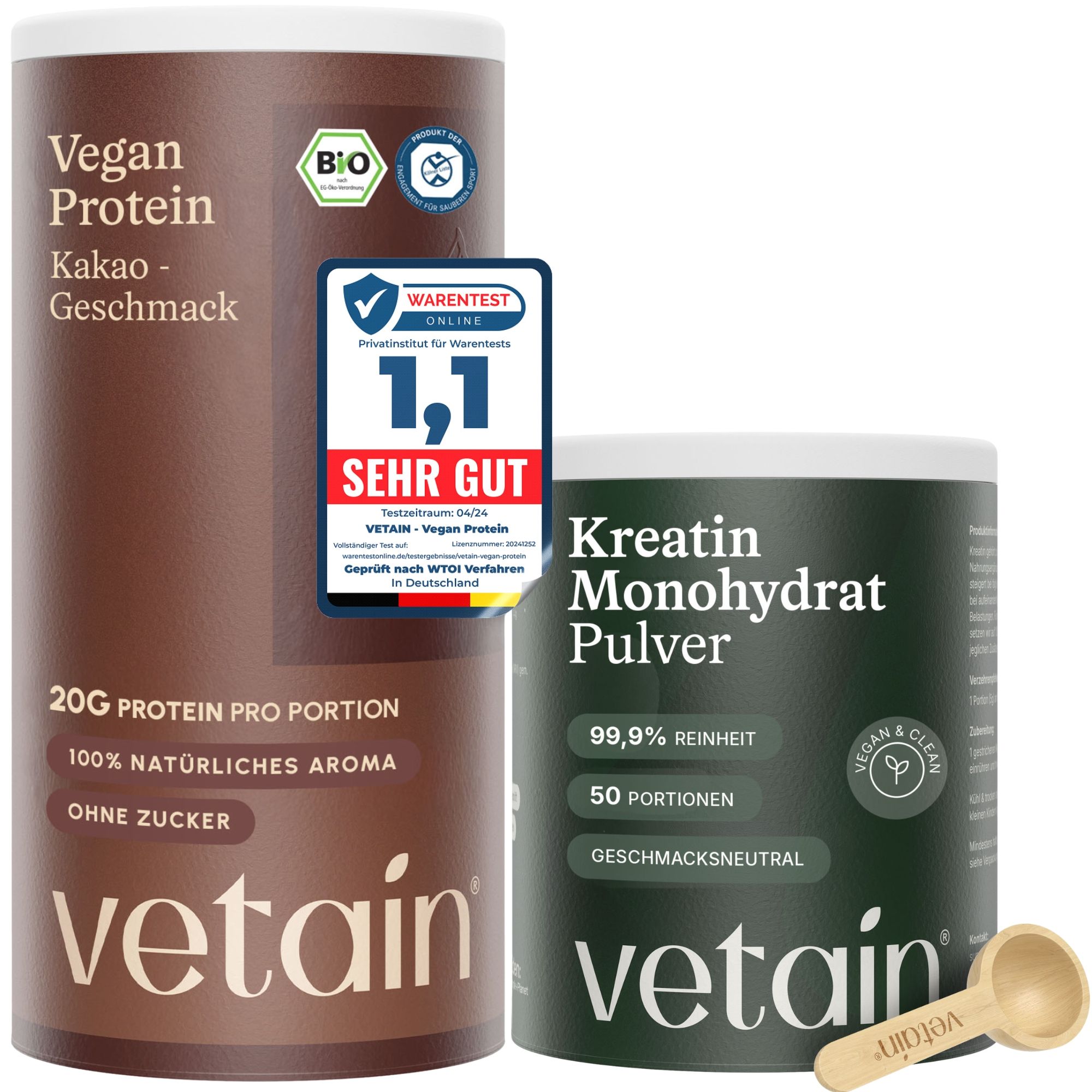 VETAIN Proteinpulver Vegan + Kreatin Monohydrat – 20g Protein - fermentiert & ohne Zusätze