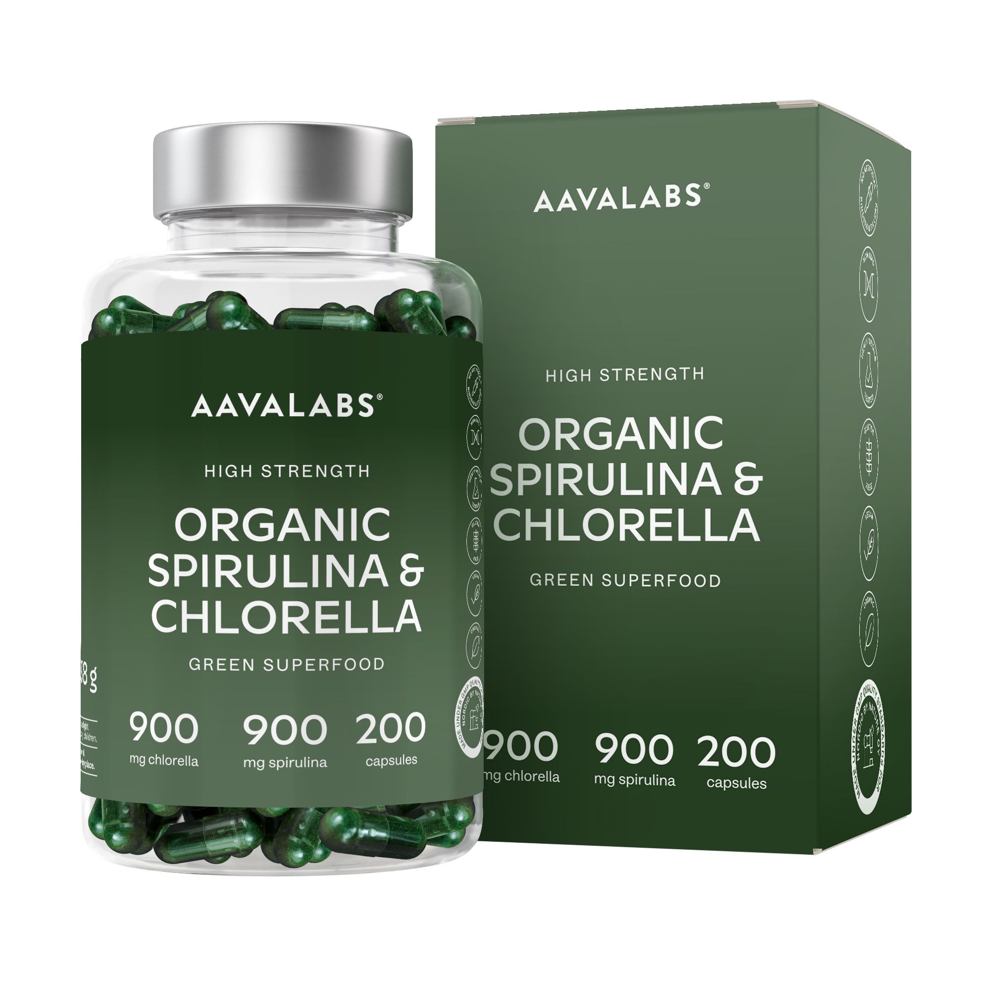 Aavalabs Bio Chlorella & Spirulina Algen Kapseln | Hochdosiert 1800mg, Vegan | 200 Kapseln