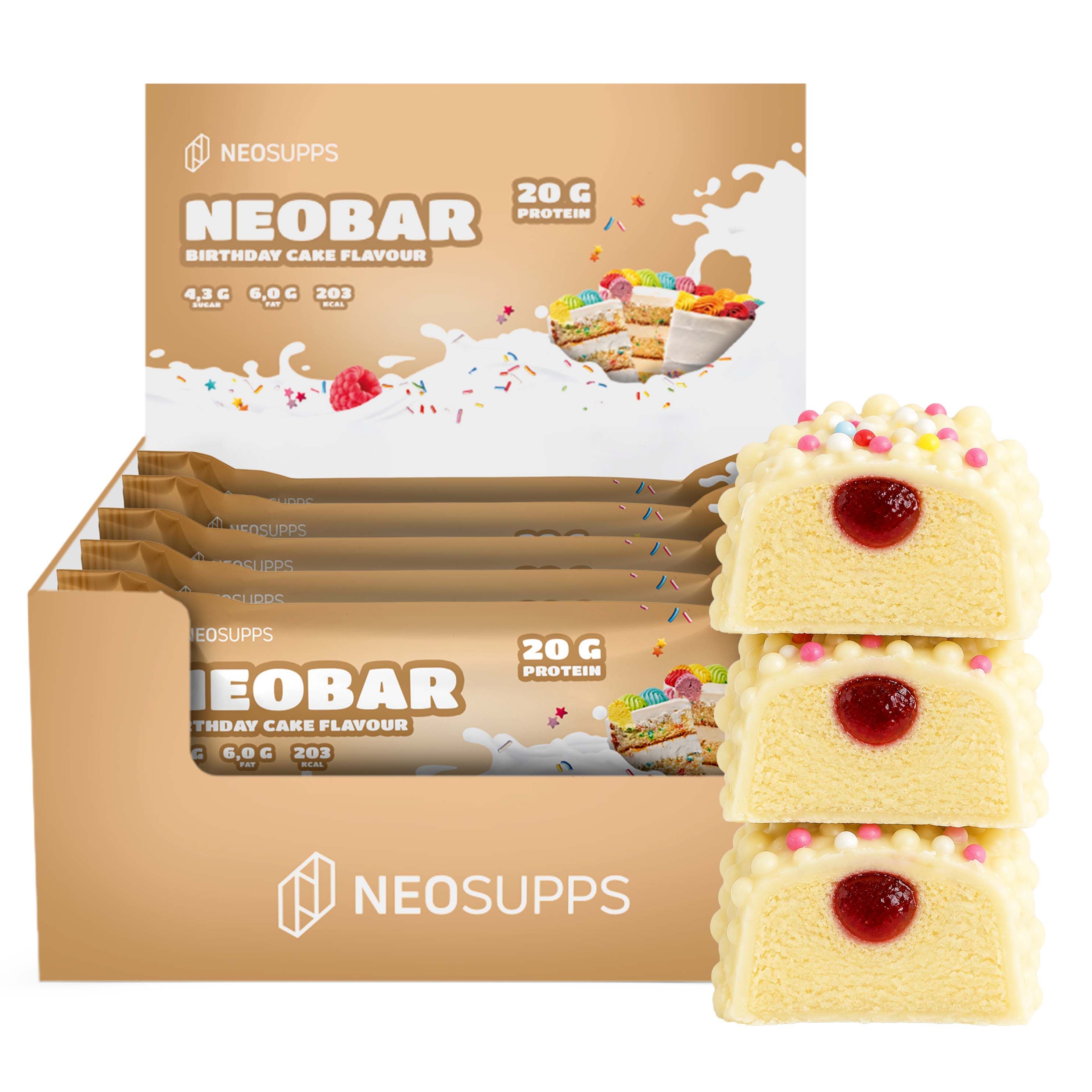 Neosupps Protein Riegel Birthday Cake, Proteinriegel mit 20g Eiweiß, wenig Zucker & Fett