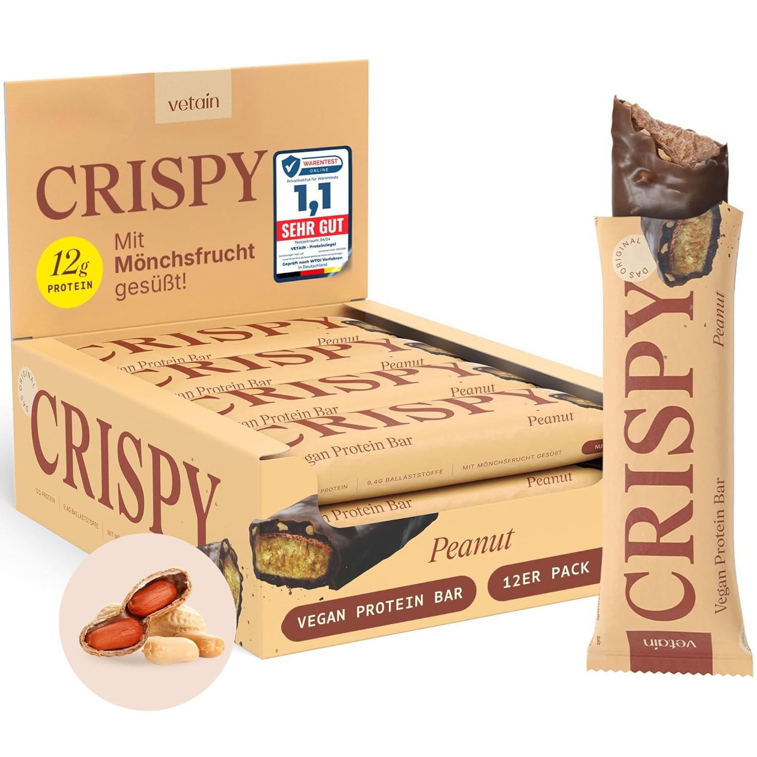 VETAIN Proteinriegel Vegan - Crispy Peanut - 12g Eiweiß - Ohne Zuckerzusatz & Palmöl