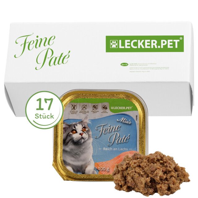 17 x 100 g Lecker.Pet® Mia's Feine Paté Reich an Lachs Katzenfutter Nassfutter Vollnahrung