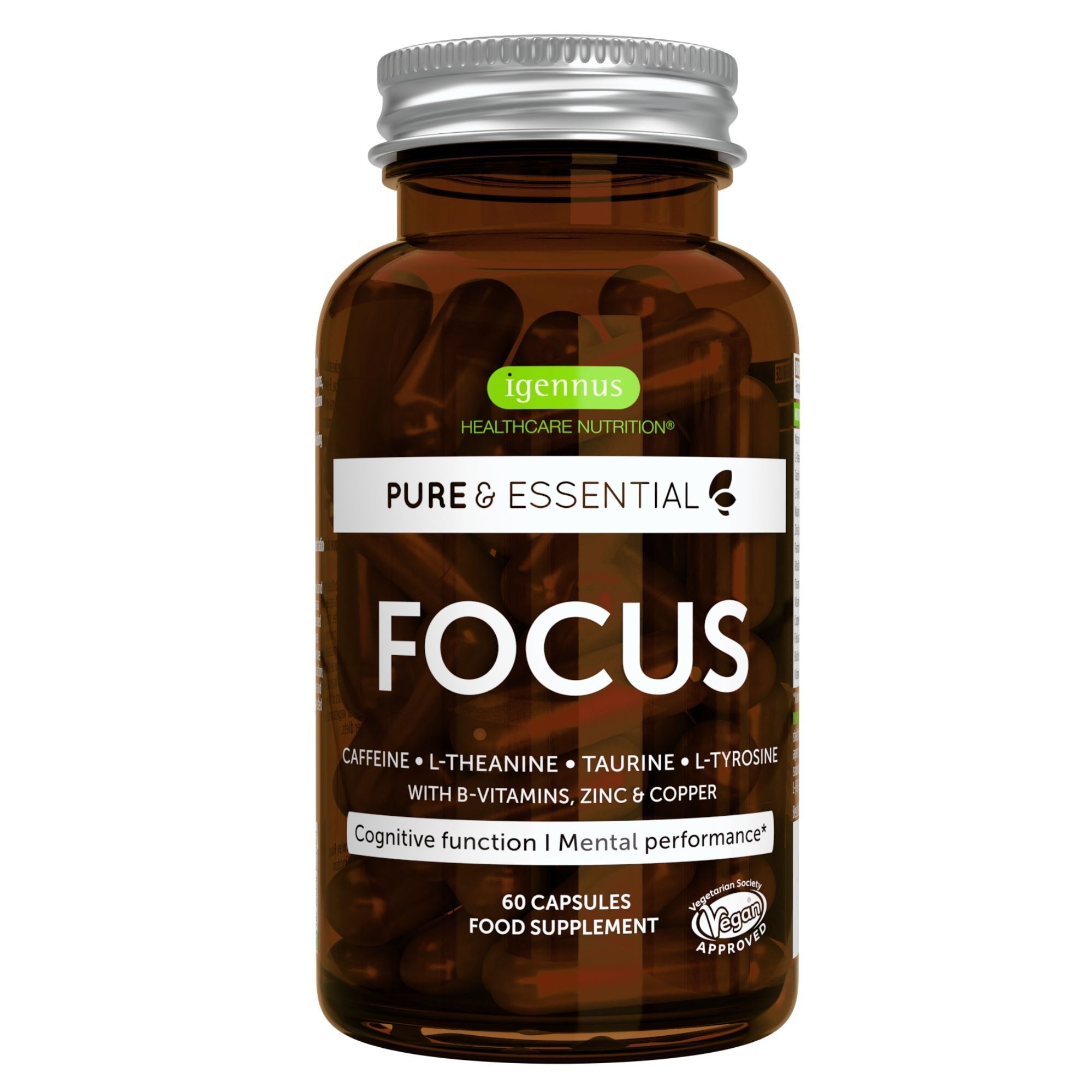 Igennus Fokus Konzentration mit Koffein, L-Theanin, Taurin, L-Tyrosin, Vitamine B, Zink & Kupfer