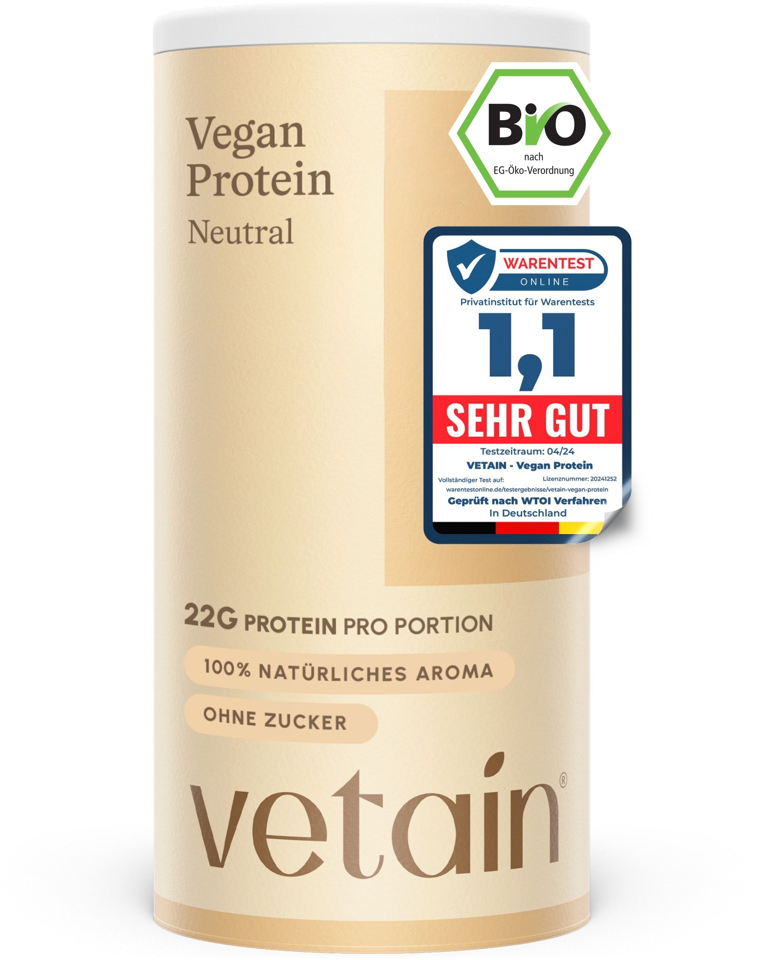 VETAIN Proteinpulver Vegan - Neutral - 23g Eiweiß - Ohne Zuckerzusatz - 100% Bio - TESTSIEGER