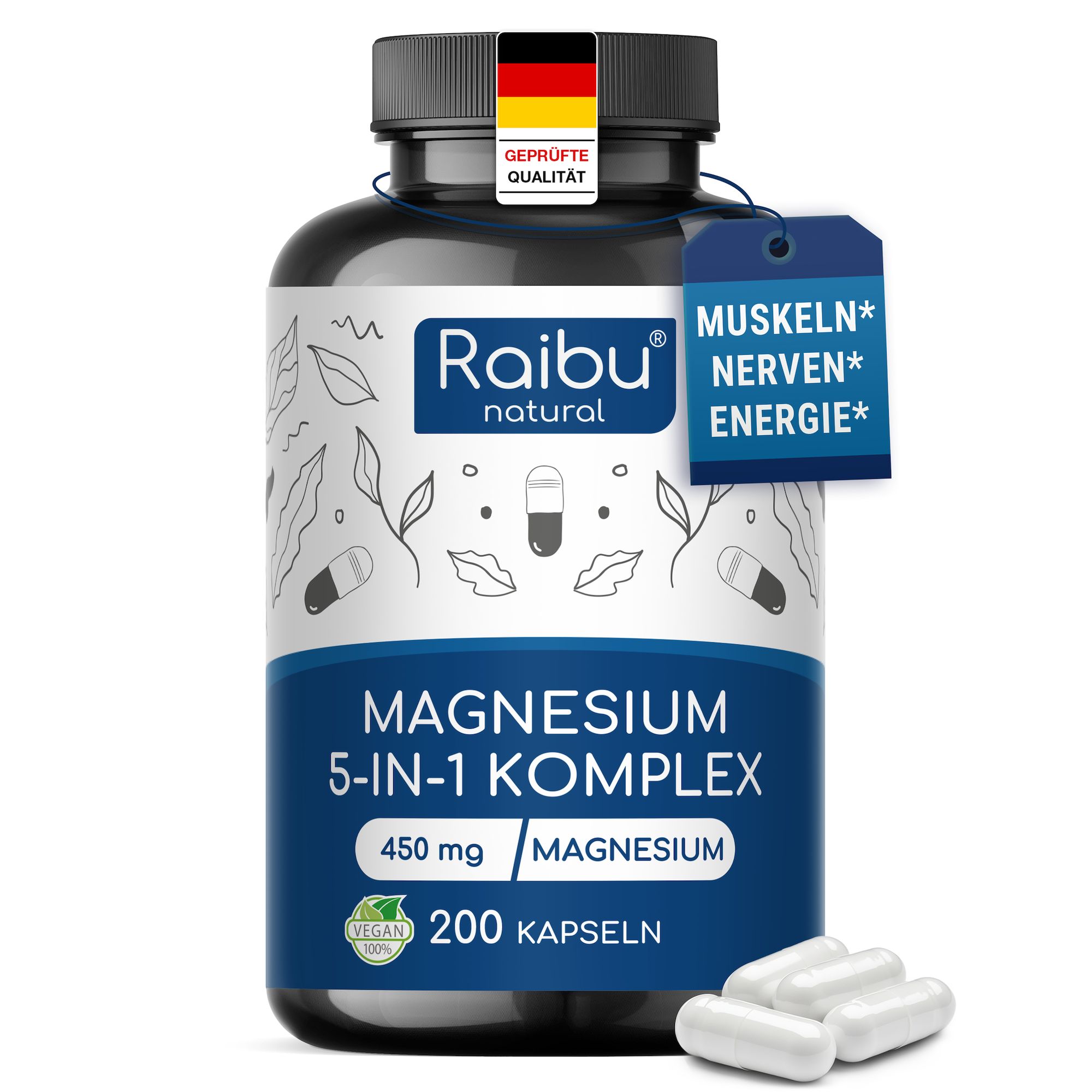 RAIBU Magnesium-Komplex hochdosiert - 450 mg Magnesium pro Tag