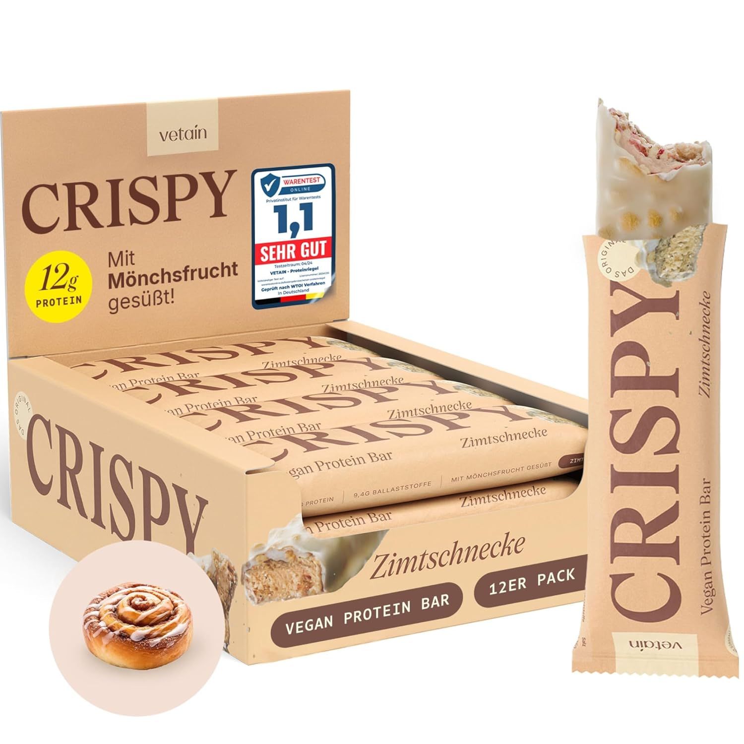 VETAIN Proteinriegel Vegan - Crispy Zimtschnecke - 12g Eiweiß - Ohne Zuckerzusatz & Palmöl