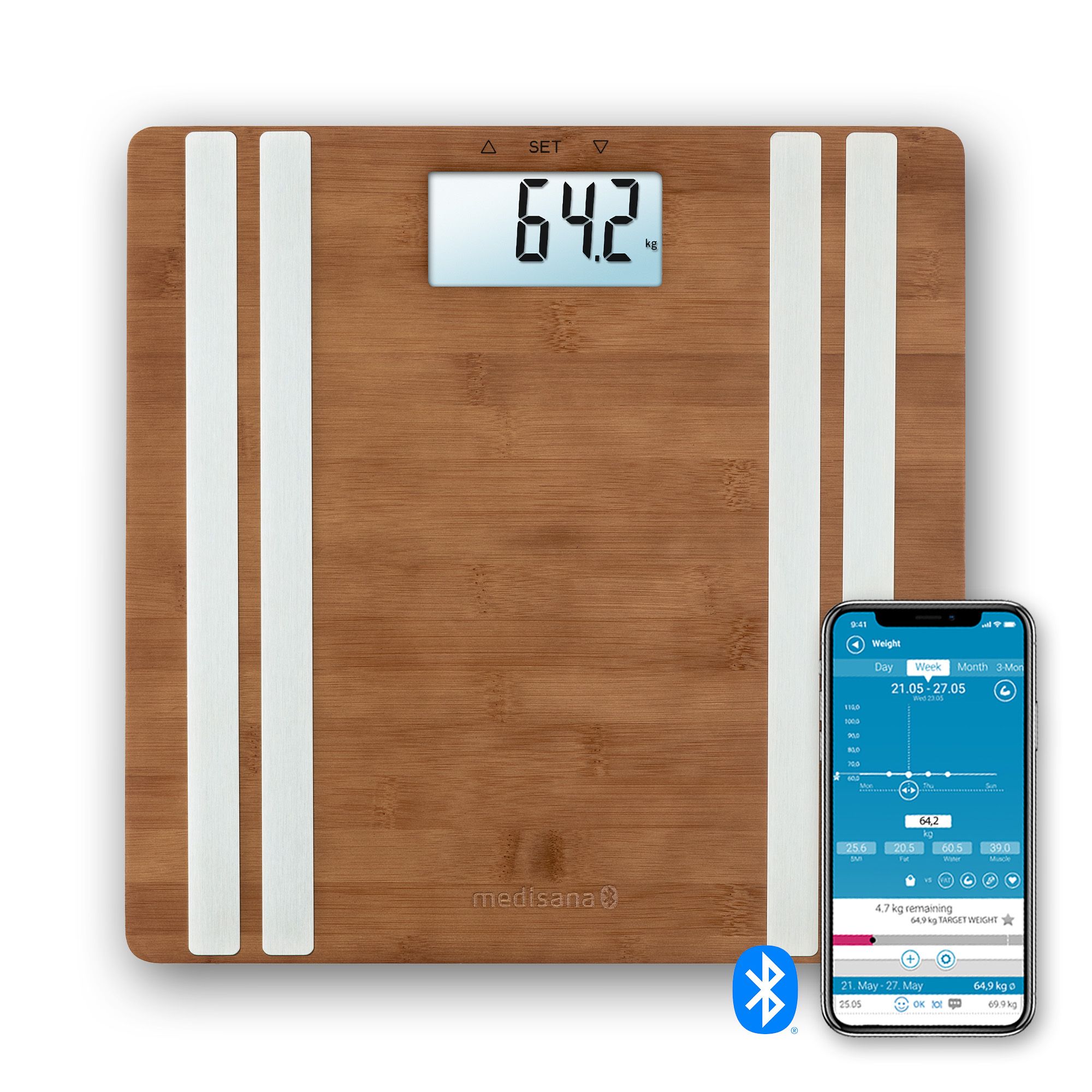 medisana BS 552 connect mit App Bambus Körperanalysewaage 180 kg Personenwaage