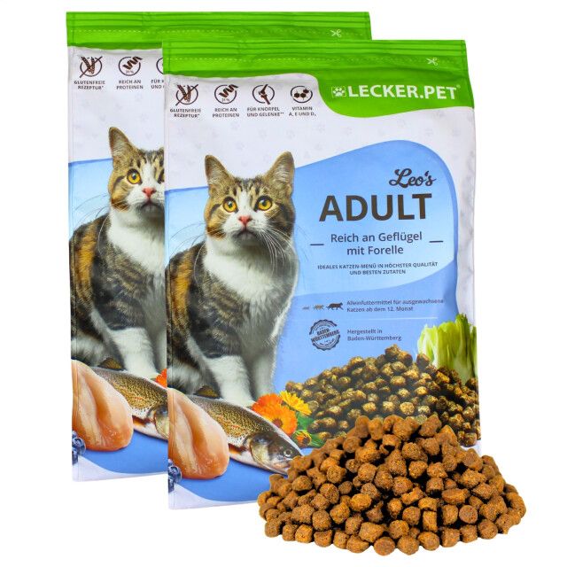 5 kg Lecker.Pet® Leo's Adult Geflügel & Forelle Katzenfutter Trockenfutter Vollnahrung