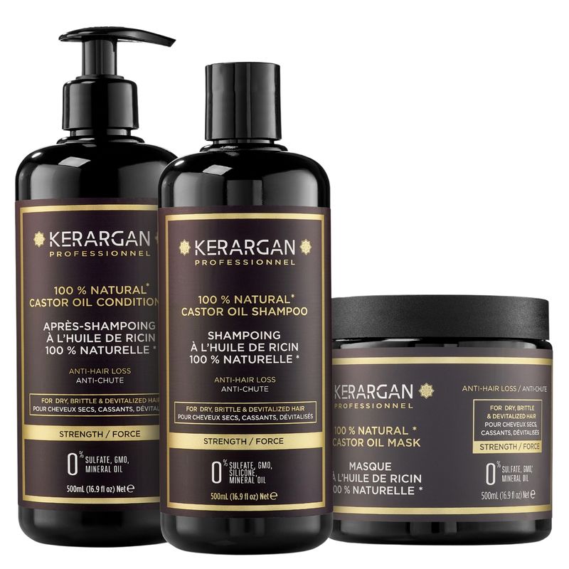 Kerargan - Trio Anti-Haarausfall Shampoo, Spülung & Maske mit Rizinusöl