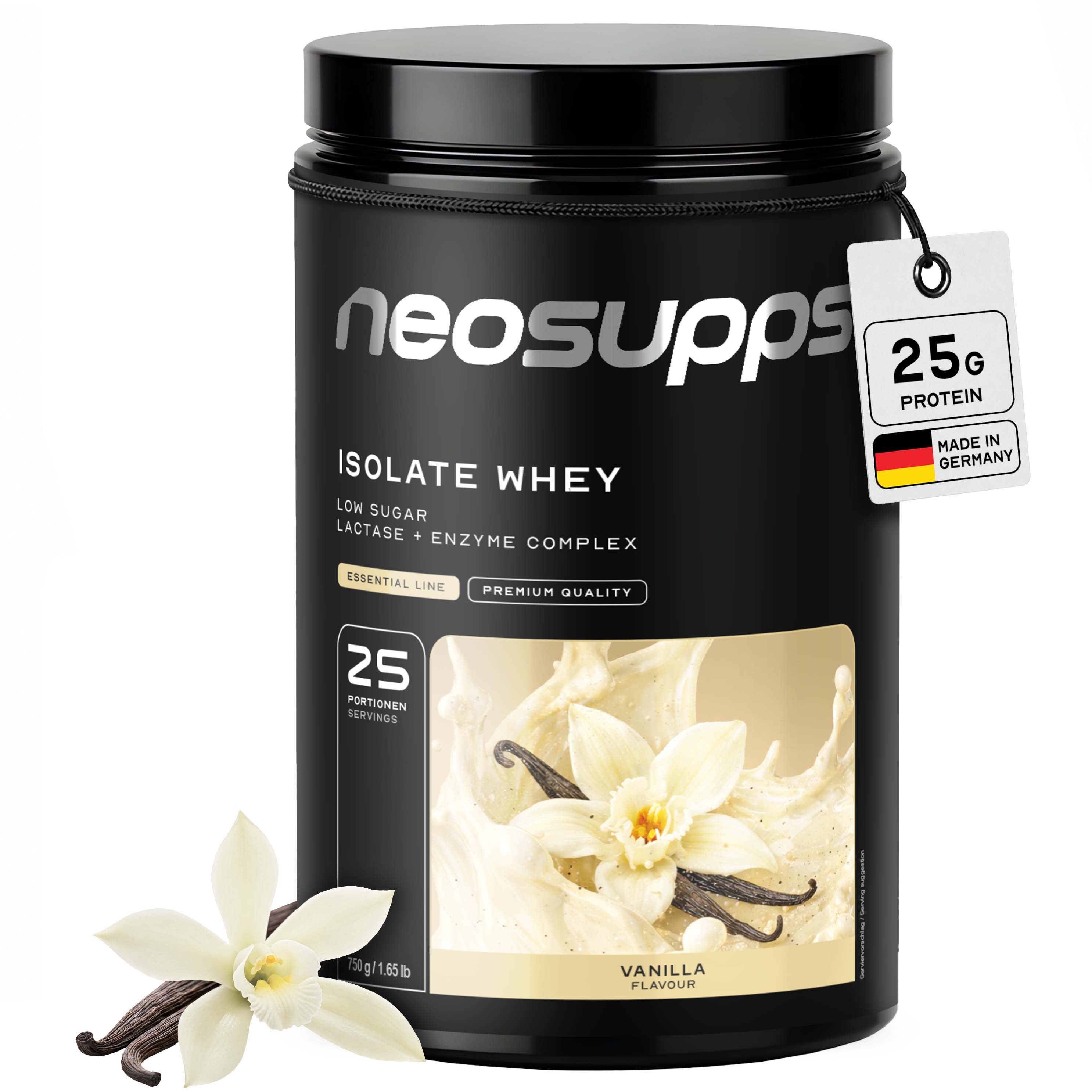 Neosupps Isolate Whey Protein Pulver Vanilla, 750g, 25g Protein pro Portion, Eiweißpulver