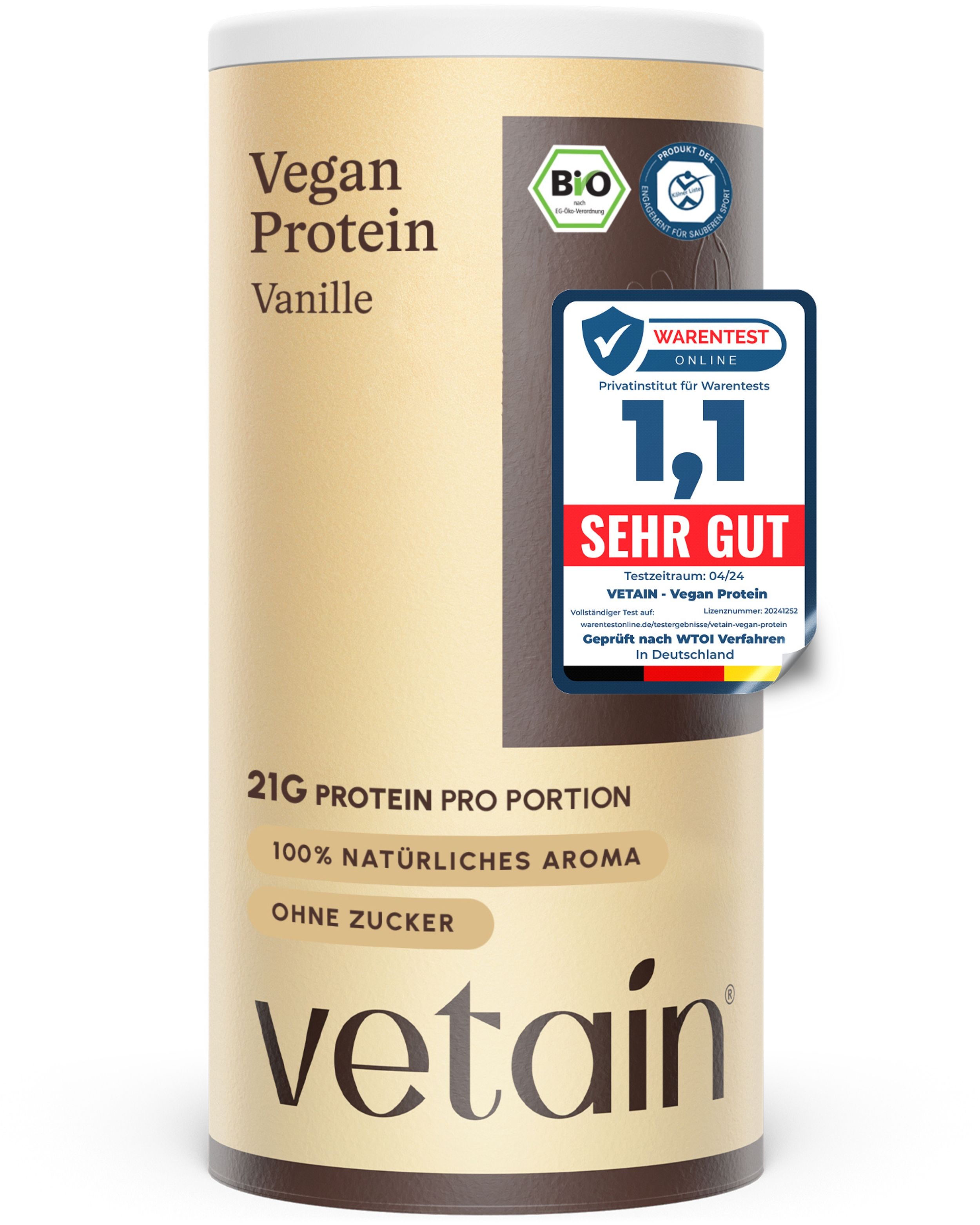 VETAIN Proteinpulver Vegan - Vanille - 21g Eiweiß pro Portion - Ohne Zuckerzusatz - 100% Bio