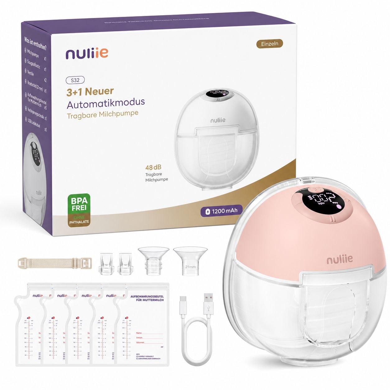 Nuliie Milchpumpe Elektrisch tragbar Rosa